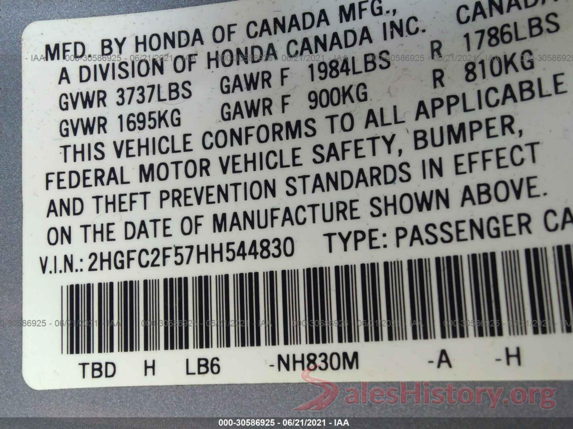 2HGFC2F57HH544830 2017 HONDA CIVIC SEDAN