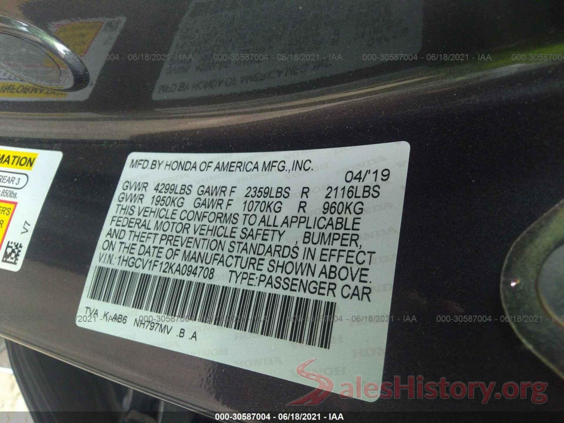 1HGCV1F12KA094708 2019 HONDA ACCORD SEDAN