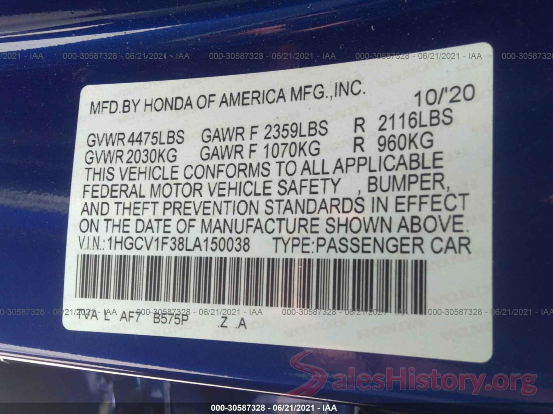 1HGCV1F38LA150038 2020 HONDA ACCORD SEDAN