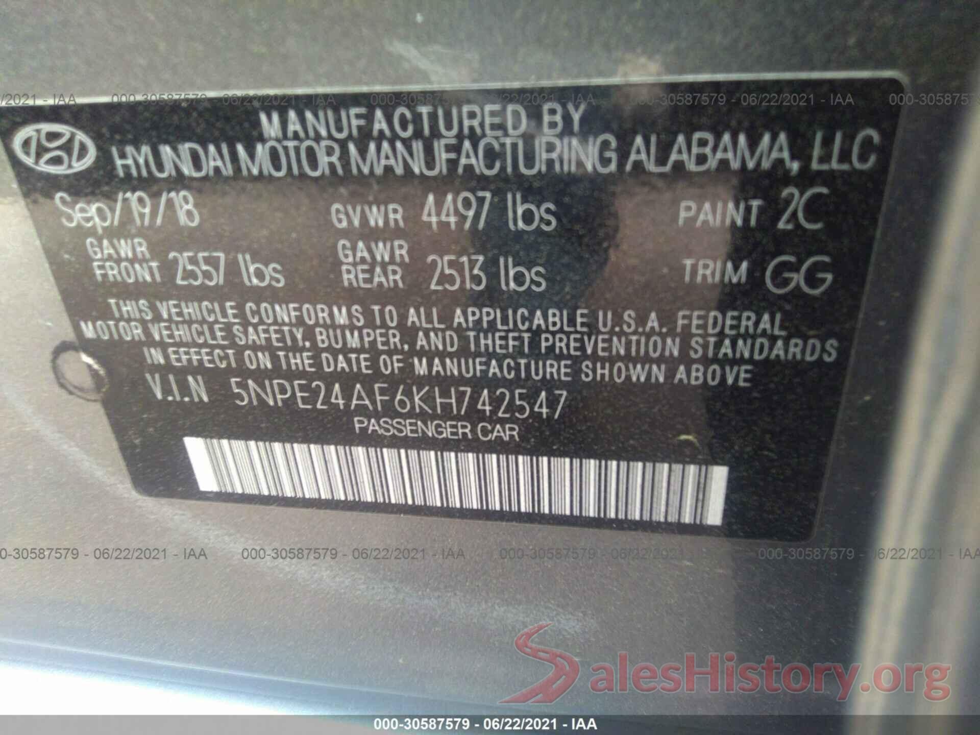 5NPE24AF6KH742547 2019 HYUNDAI SONATA