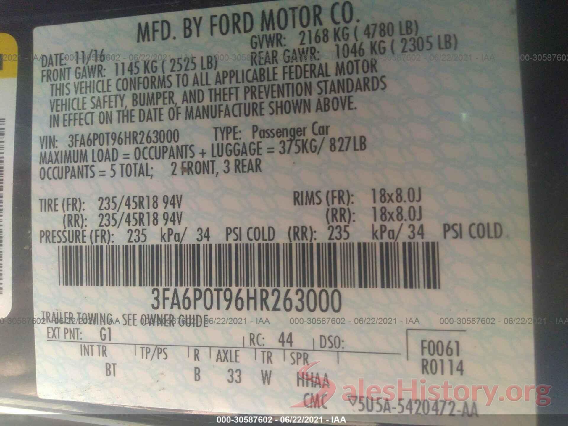 3FA6P0T96HR263000 2017 FORD FUSION