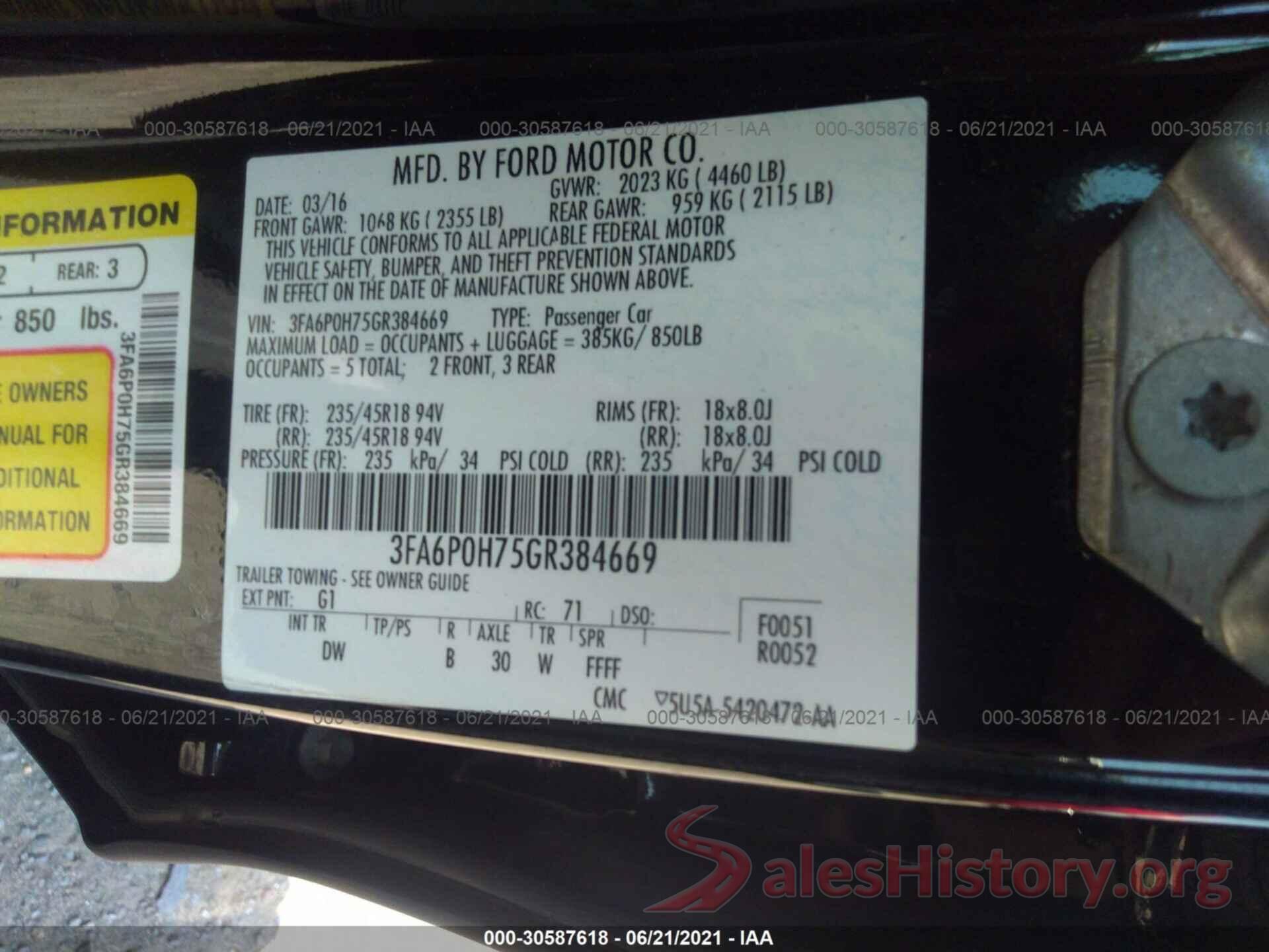 3FA6P0H75GR384669 2016 FORD FUSION