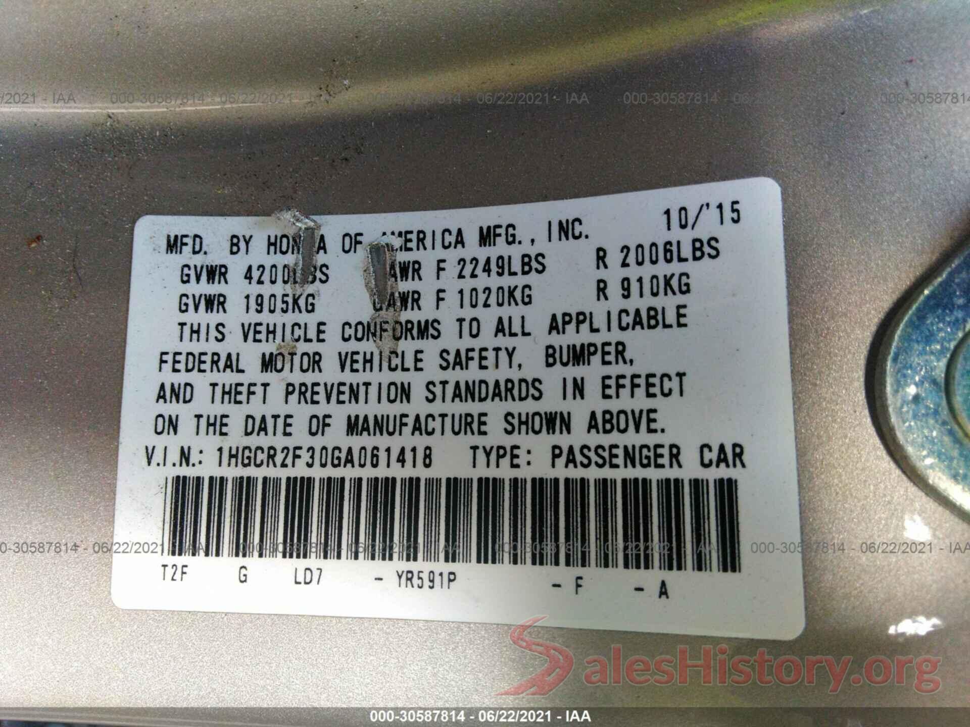 1HGCR2F30GA061418 2016 HONDA ACCORD SEDAN