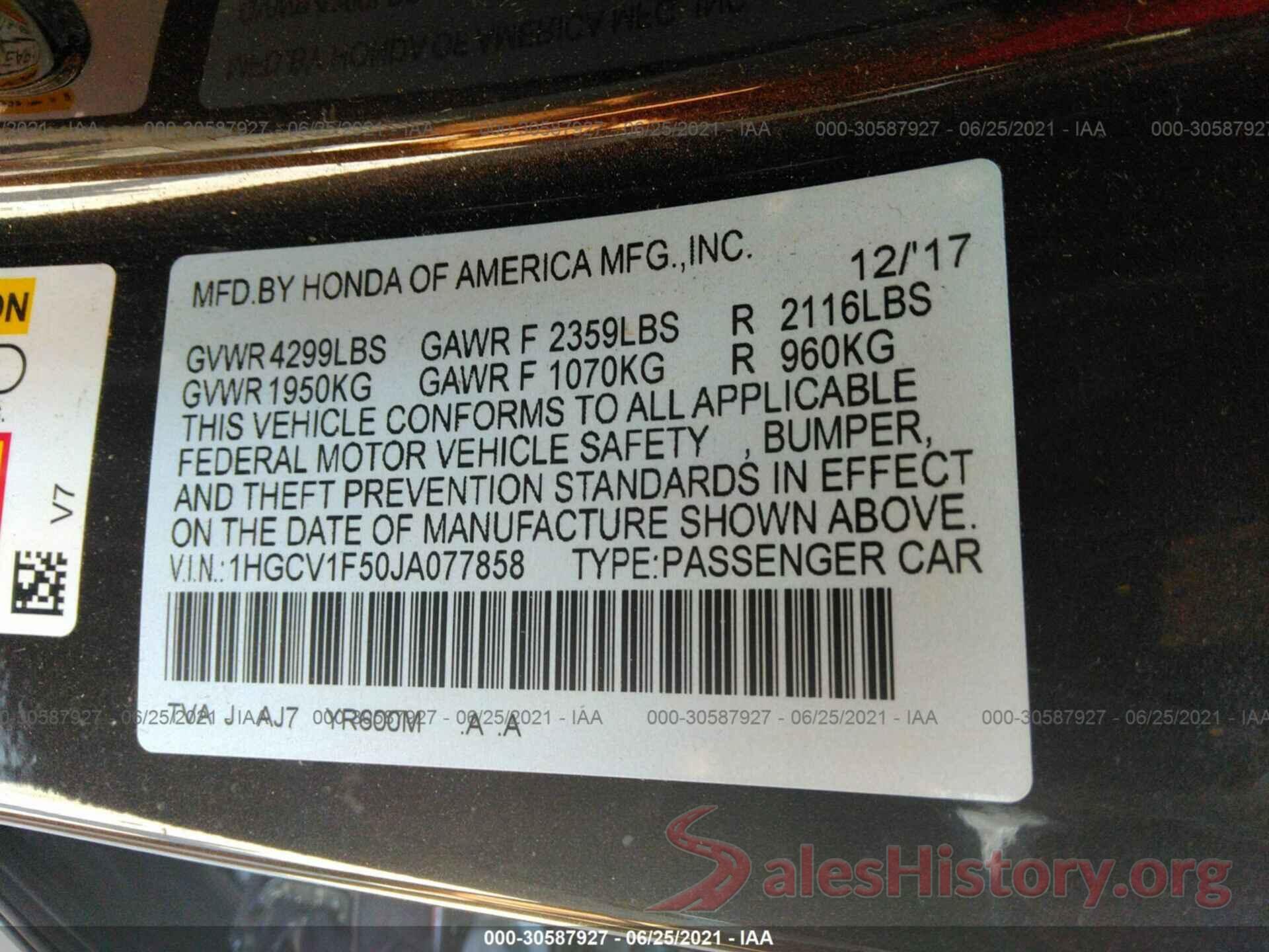 1HGCV1F50JA077858 2018 HONDA ACCORD SEDAN