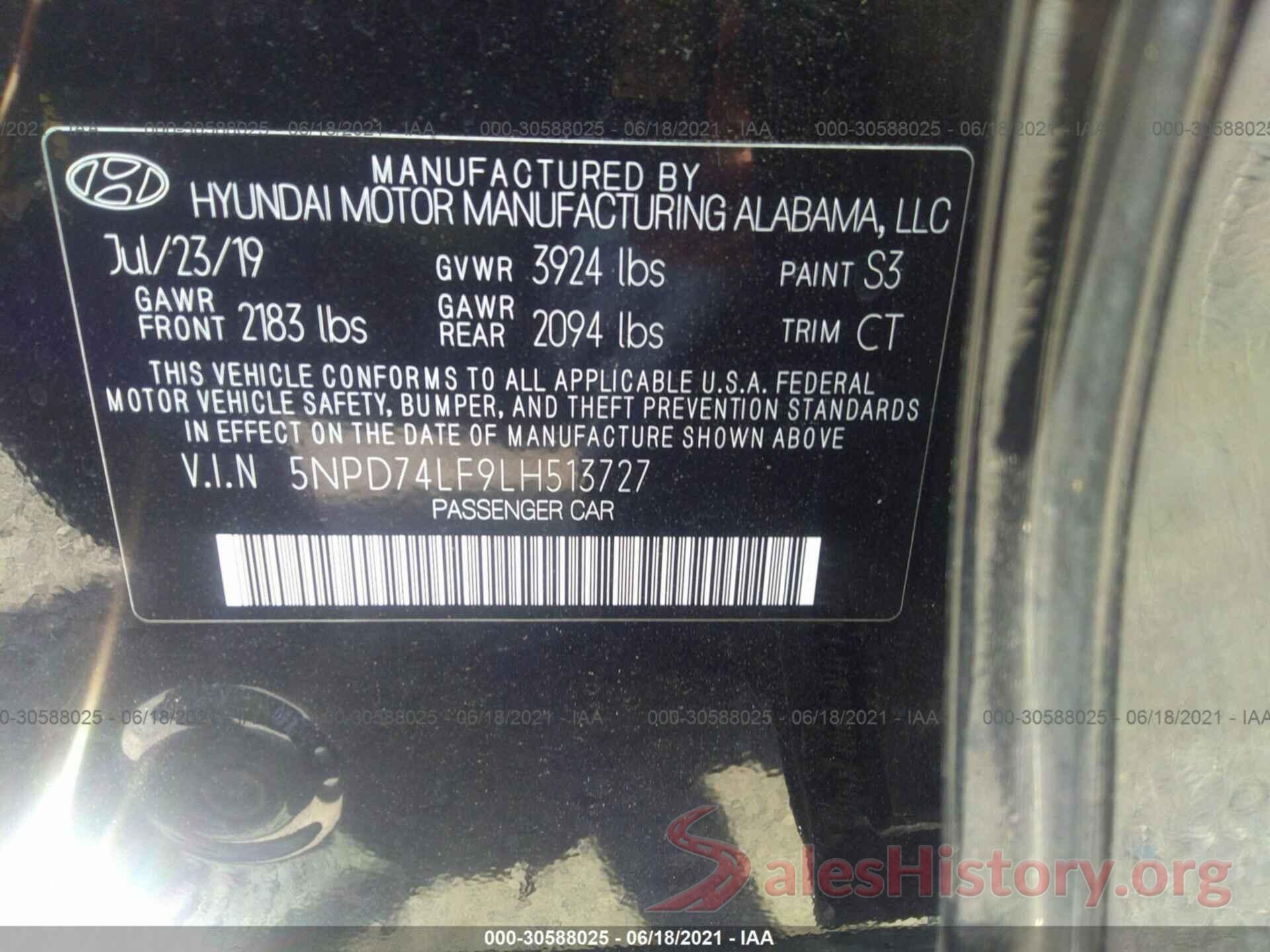 5NPD74LF9LH513727 2020 HYUNDAI ELANTRA