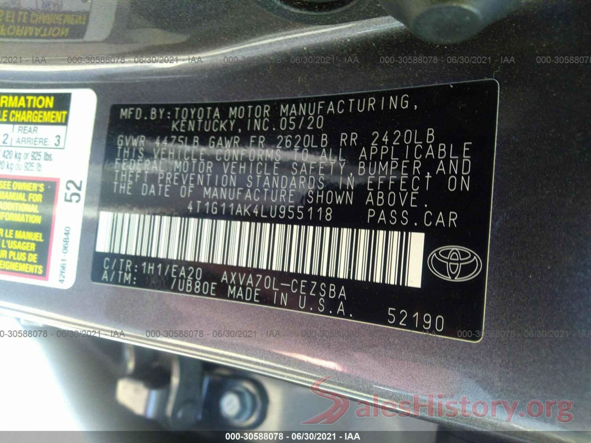 4T1G11AK4LU955118 2020 TOYOTA CAMRY