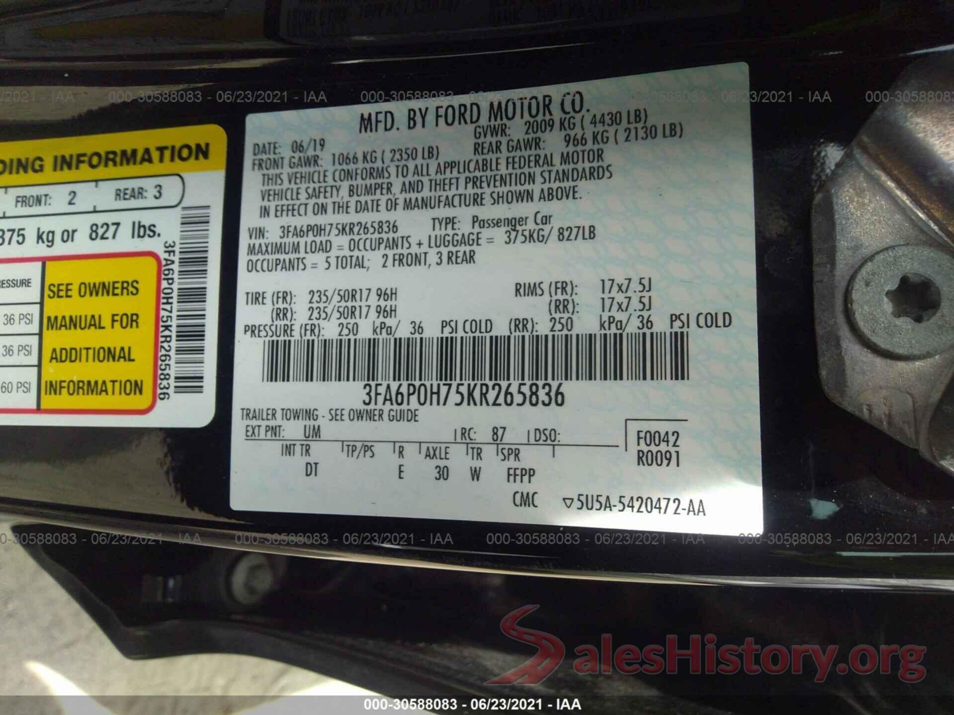 3FA6P0H75KR265836 2019 FORD FUSION