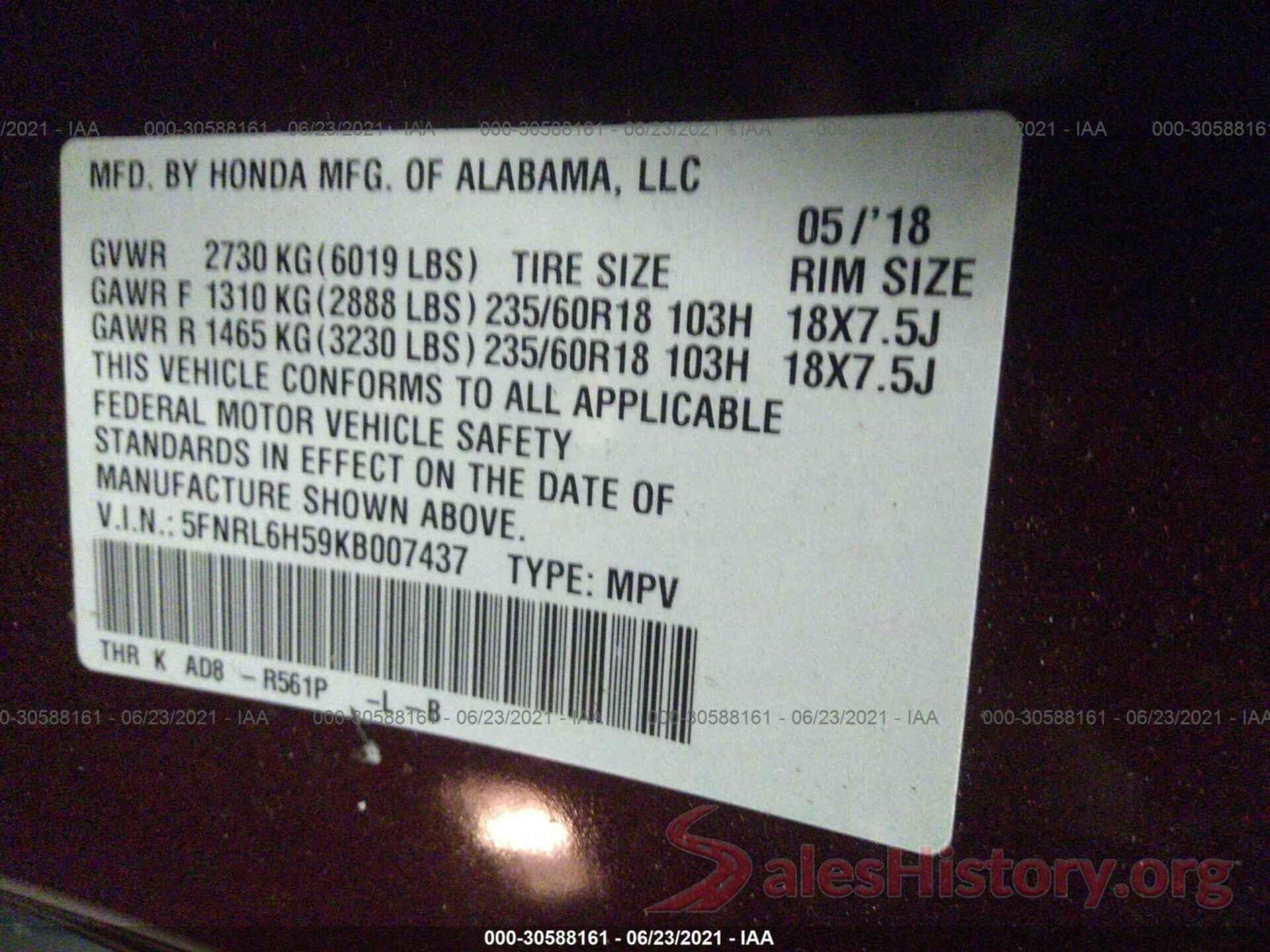 5FNRL6H59KB007437 2019 HONDA ODYSSEY