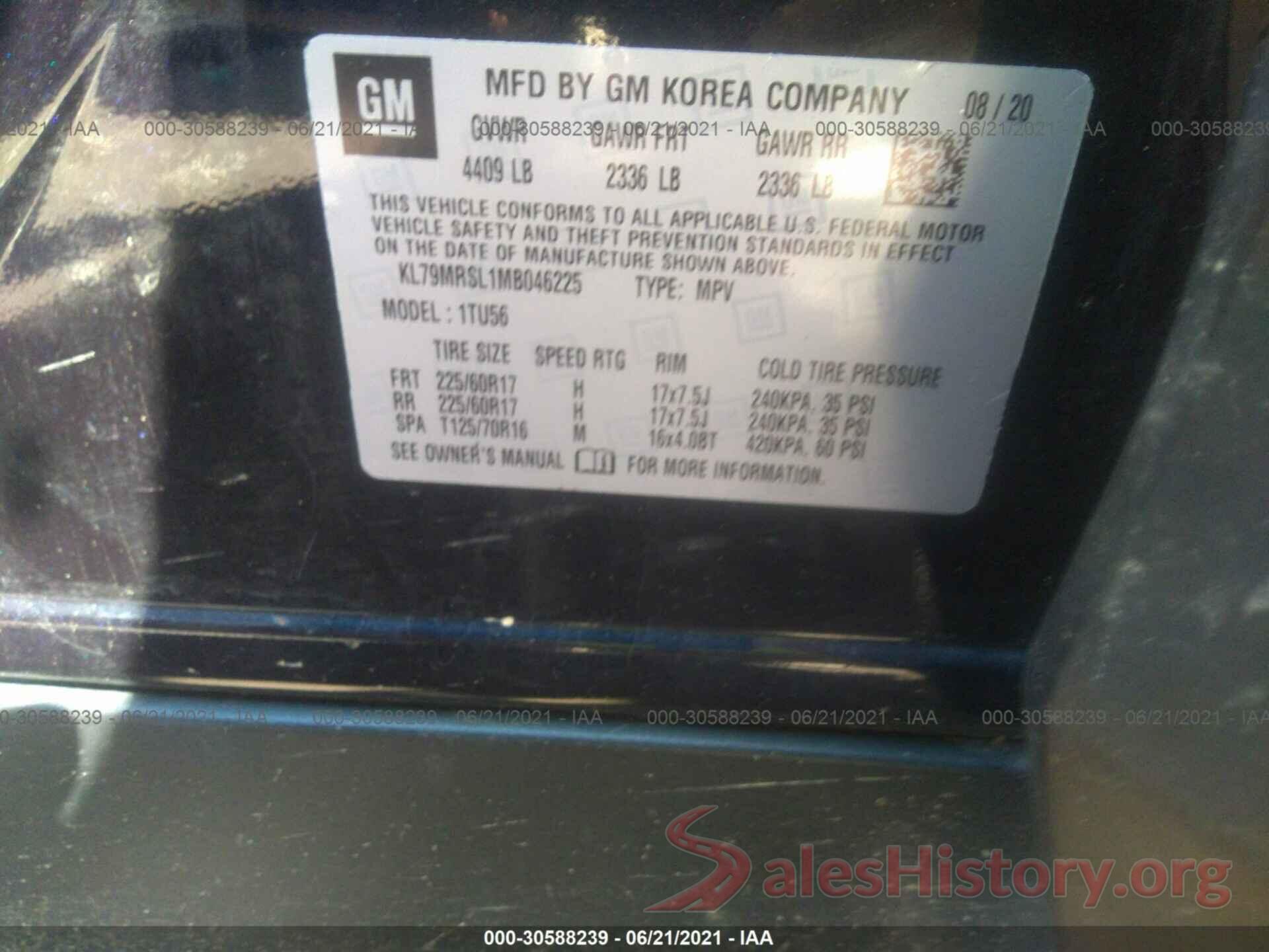 KL79MRSL1MB046225 2021 CHEVROLET TRAILBLAZER