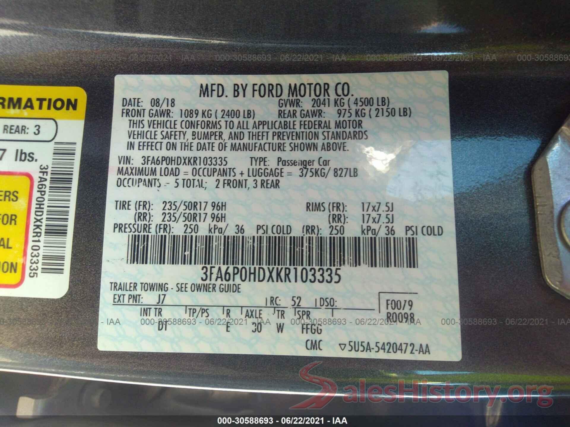 3FA6P0HDXKR103335 2019 FORD FUSION