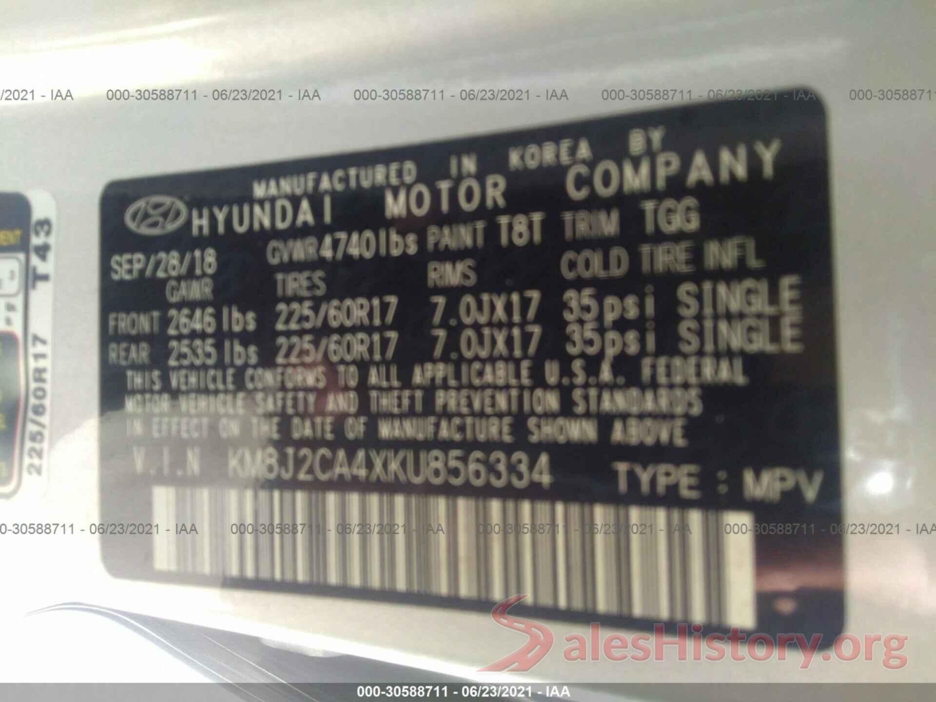 KM8J2CA4XKU856334 2019 HYUNDAI TUCSON