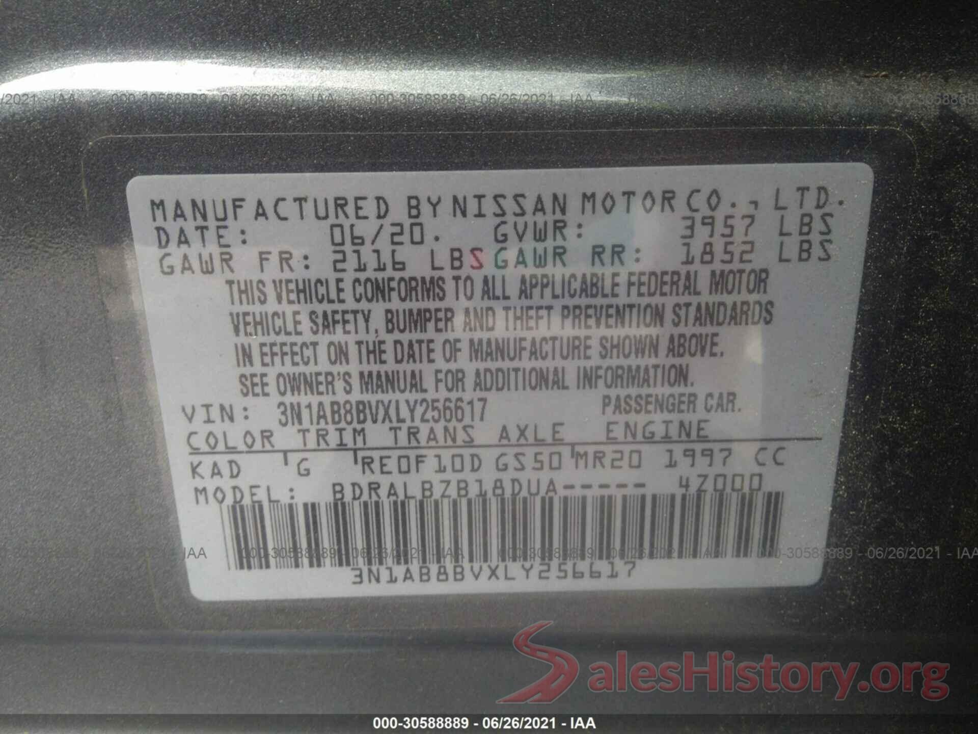 3N1AB8BVXLY256617 2020 NISSAN SENTRA