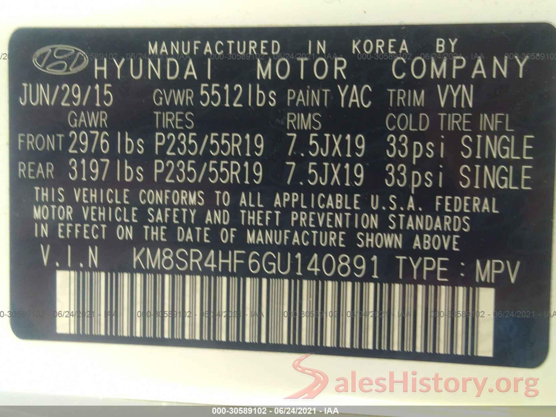 KM8SR4HF6GU140891 2016 HYUNDAI SANTA FE