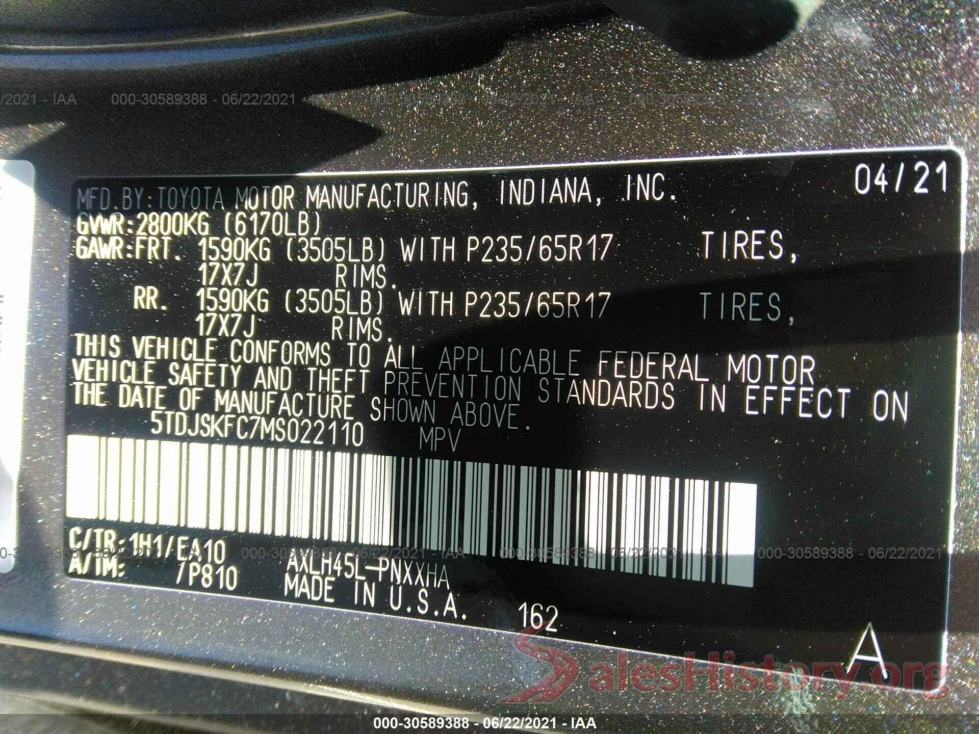 5TDJSKFC7MS022110 2021 TOYOTA SIENNA