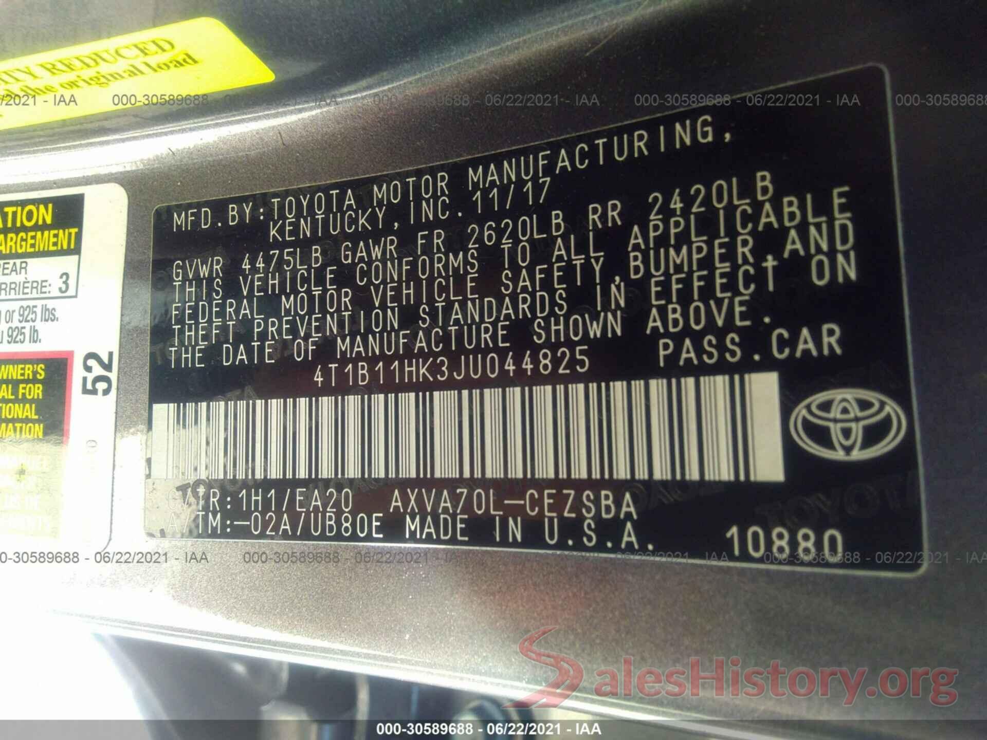 4T1B11HK3JU044825 2018 TOYOTA CAMRY