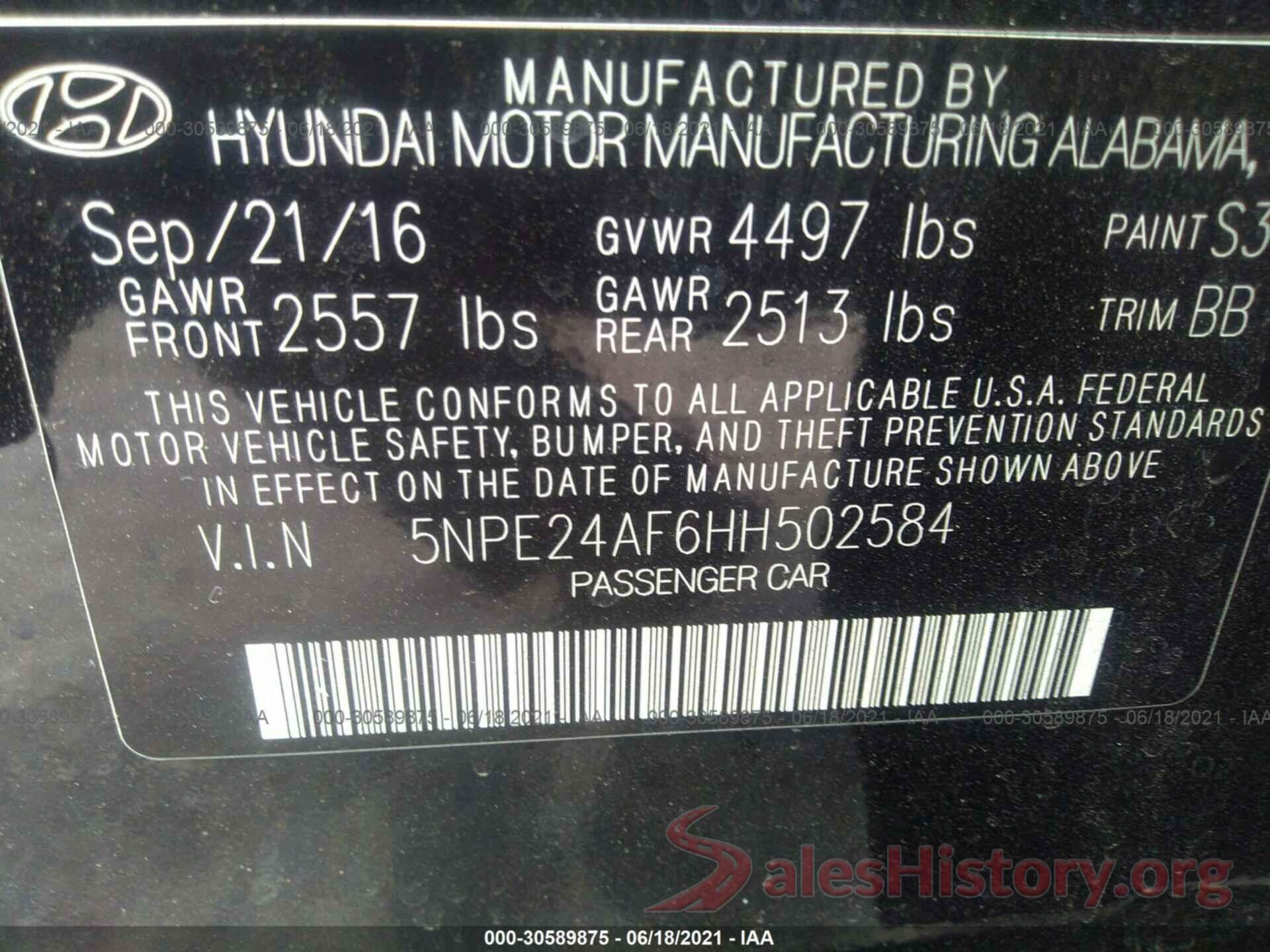 5NPE24AF6HH502584 2017 HYUNDAI SONATA