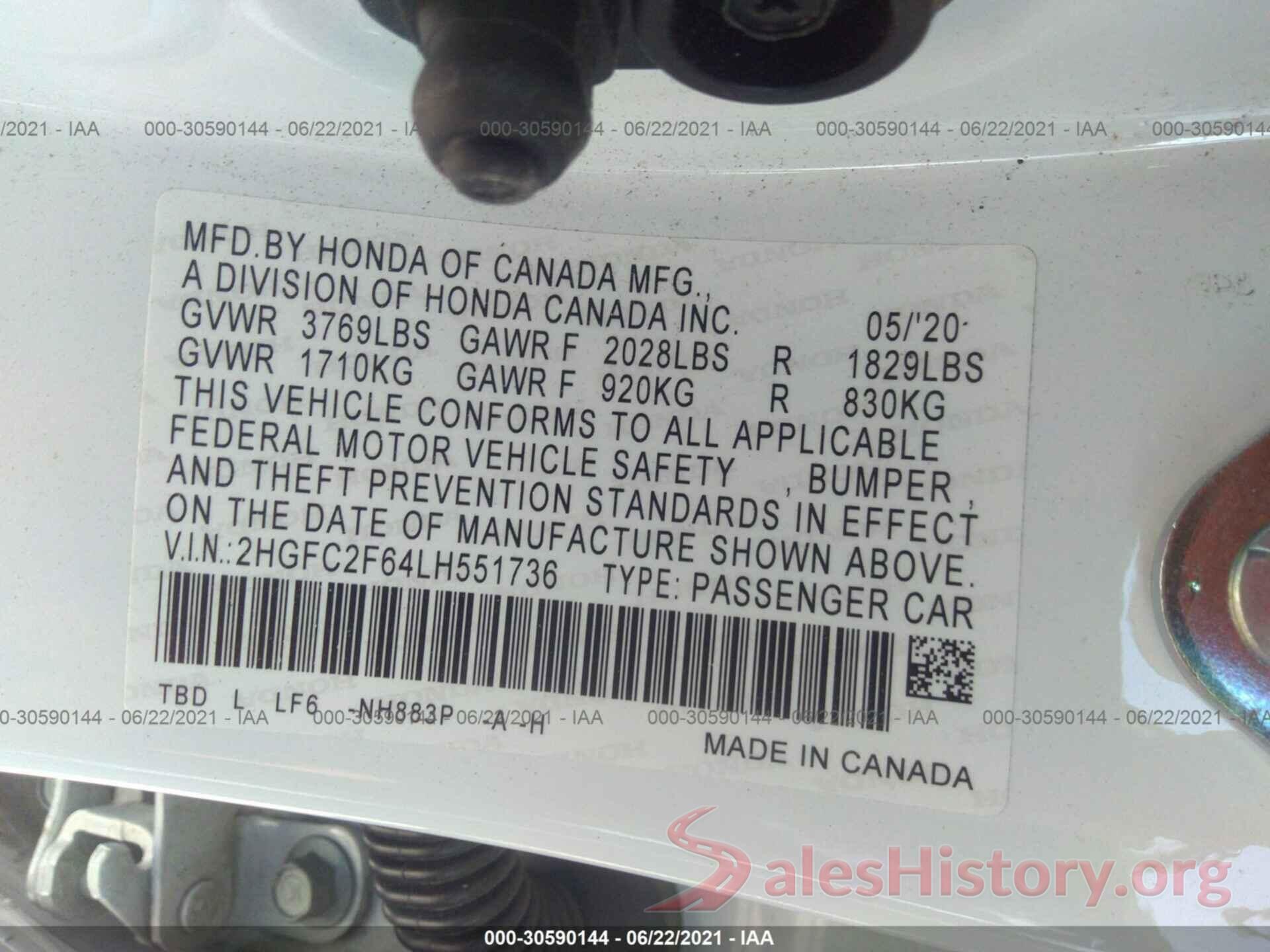 2HGFC2F64LH551736 2020 HONDA CIVIC SEDAN