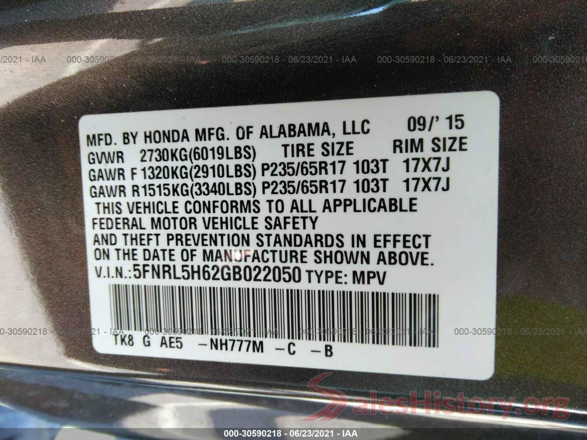 5FNRL5H62GB022050 2016 HONDA ODYSSEY