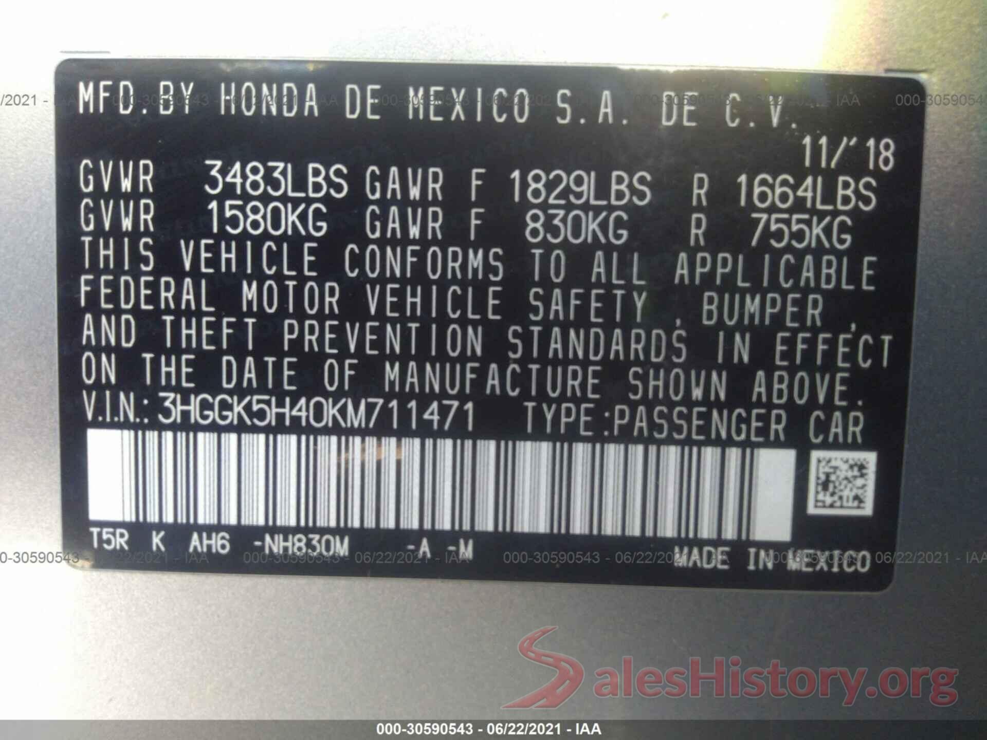 3HGGK5H40KM711471 2019 HONDA FIT