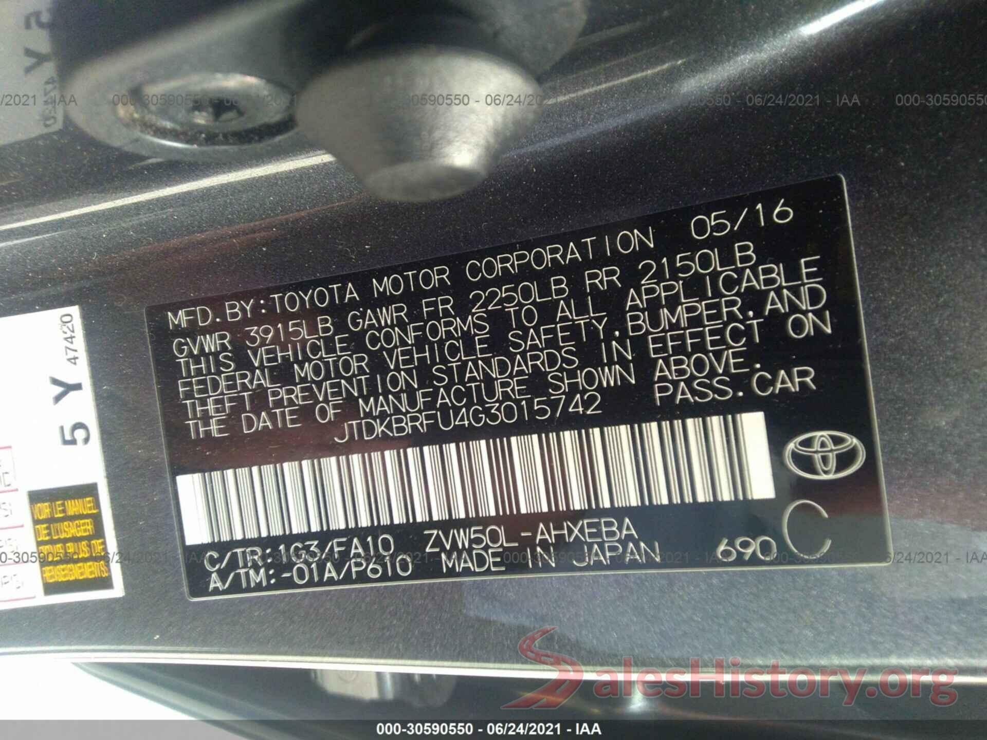 JTDKBRFU4G3015742 2016 TOYOTA PRIUS