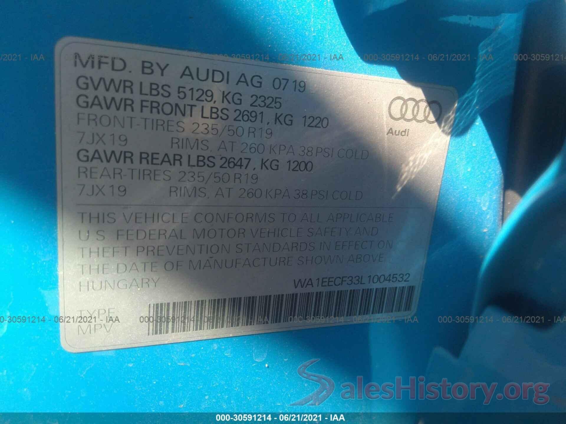 WA1EECF33L1004532 2020 AUDI Q3