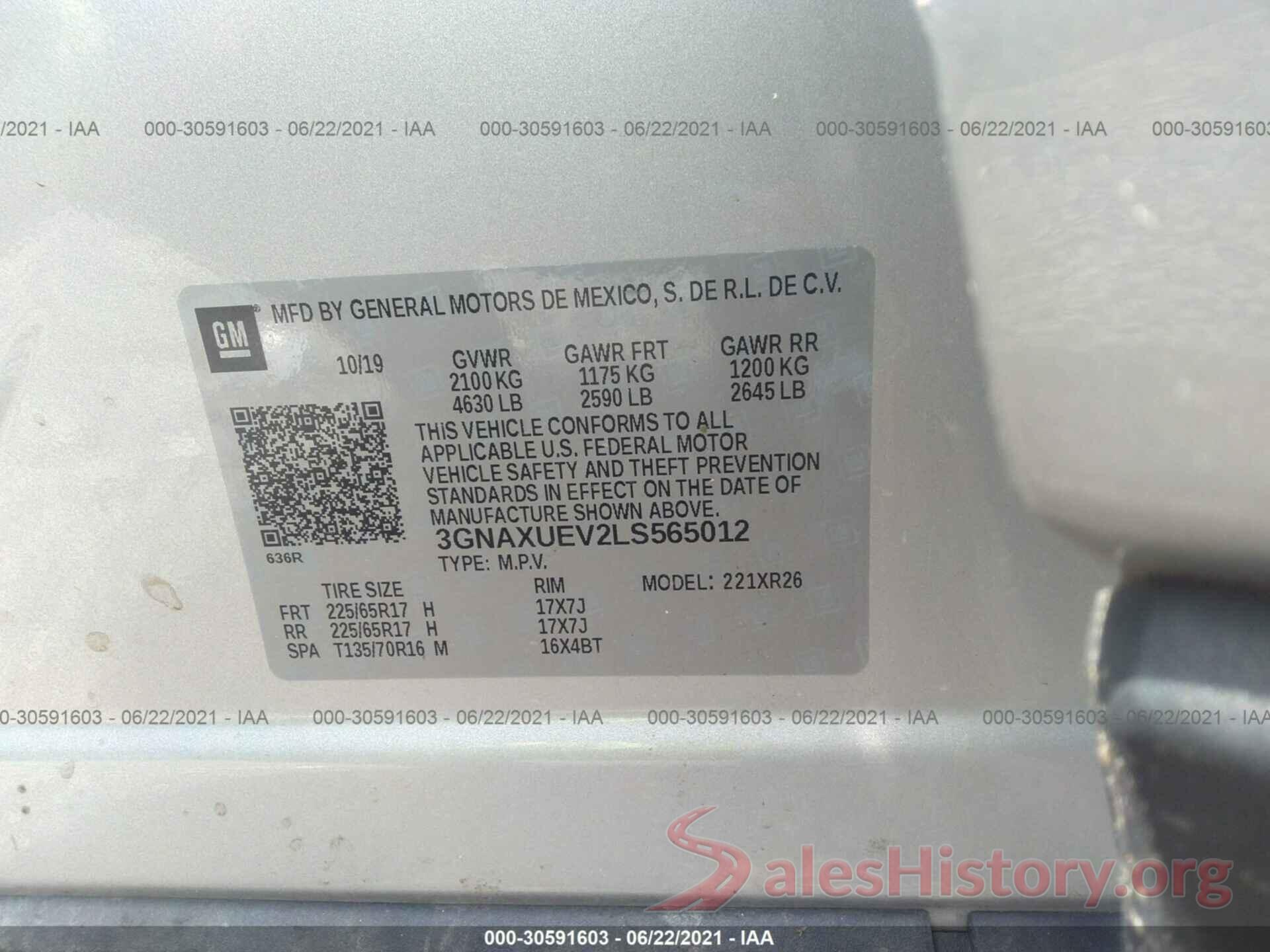 3GNAXUEV2LS565012 2020 CHEVROLET EQUINOX