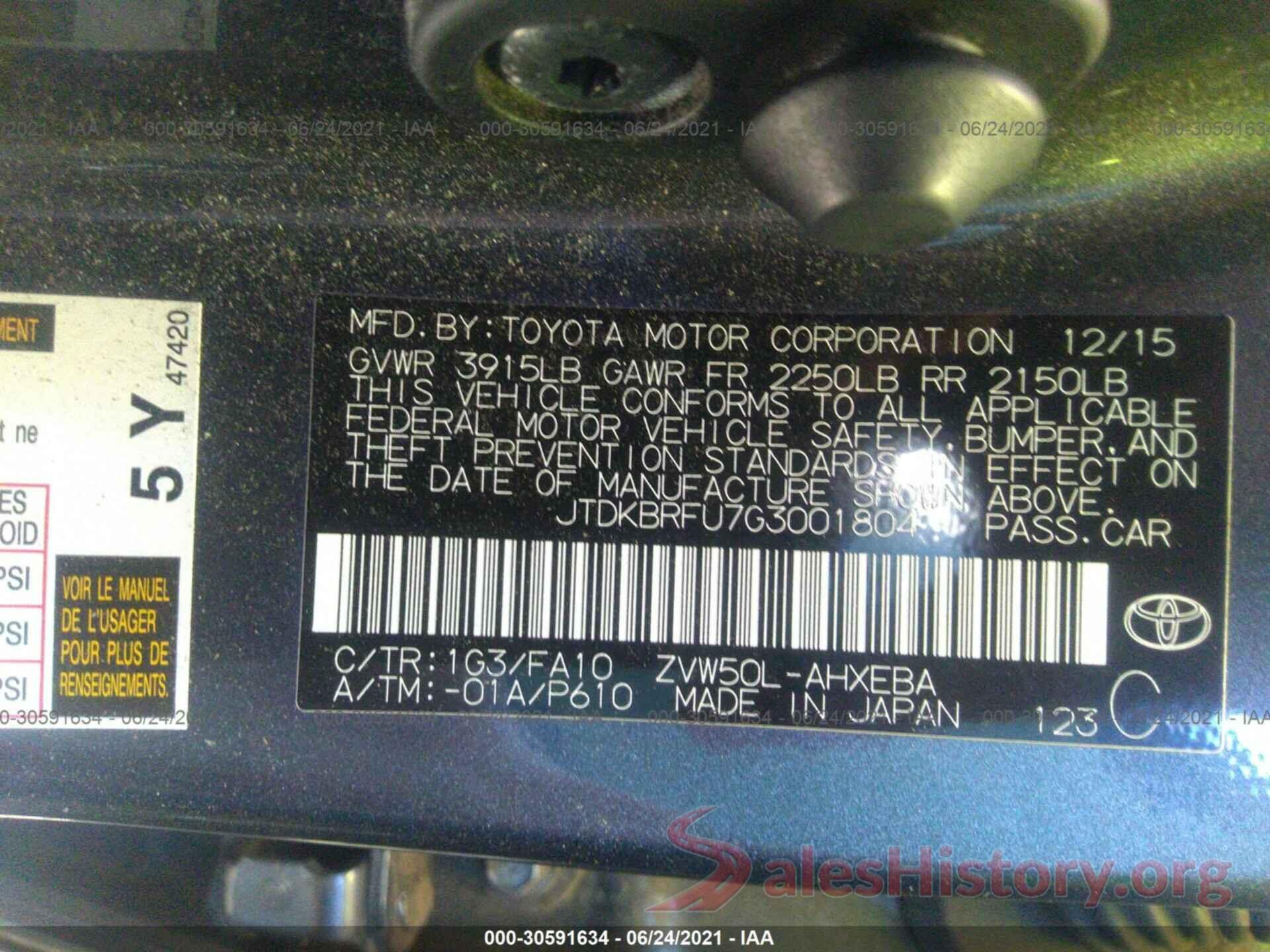 JTDKBRFU7G3001804 2016 TOYOTA PRIUS