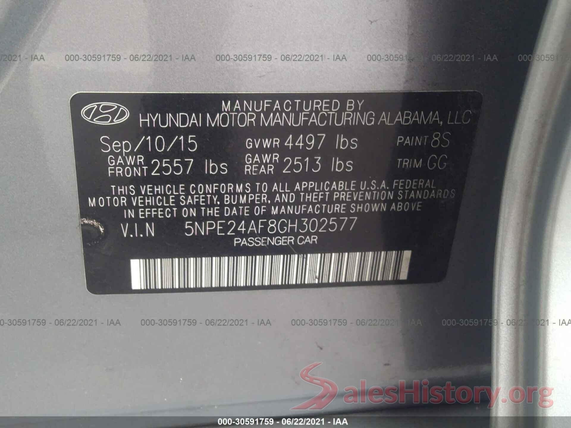 5NPE24AF8GH302577 2016 HYUNDAI SONATA