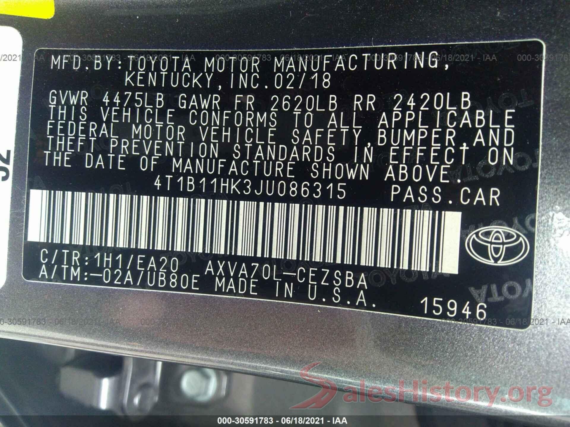 4T1B11HK3JU086315 2018 TOYOTA CAMRY