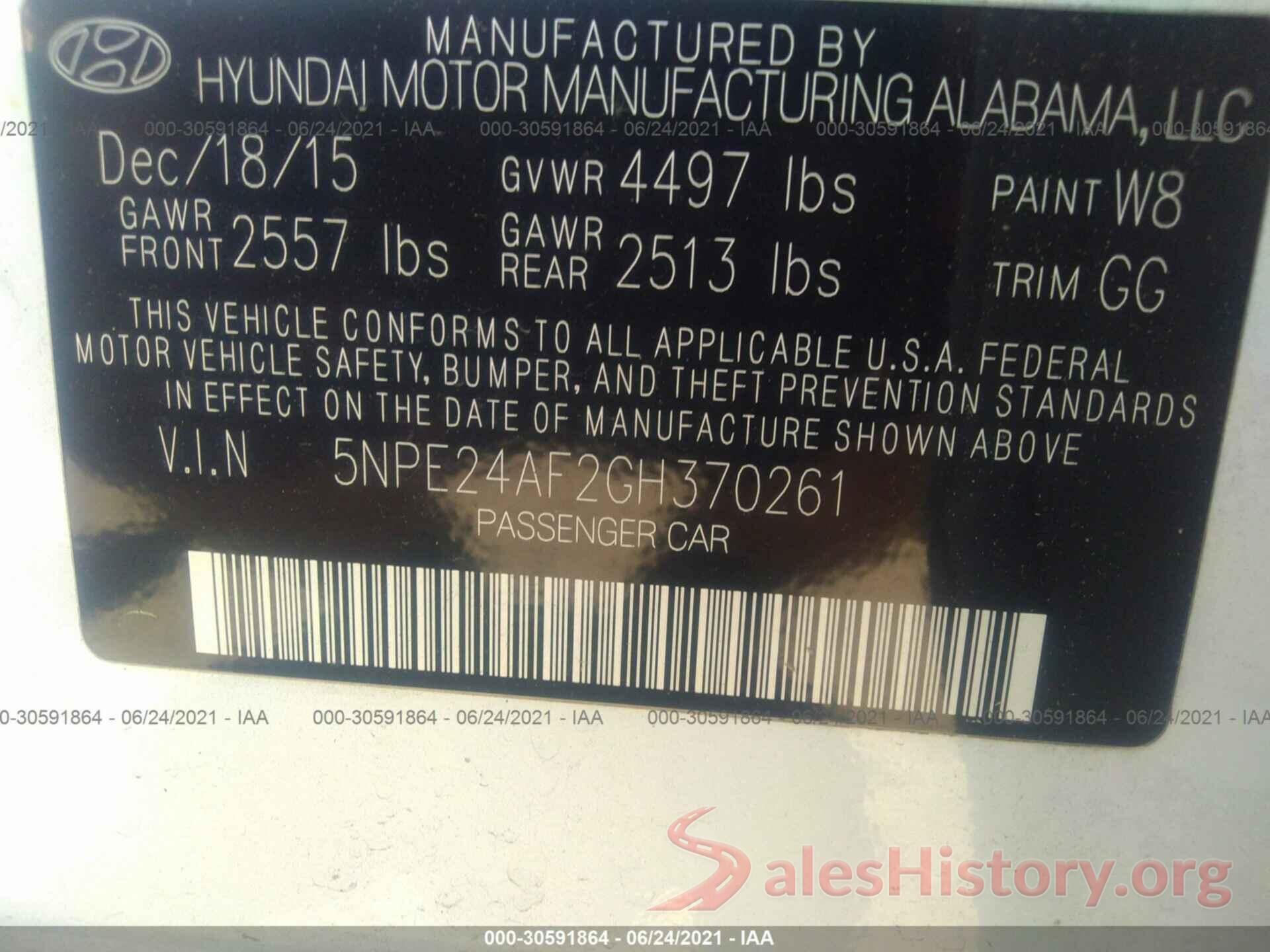 5NPE24AF2GH370261 2016 HYUNDAI SONATA