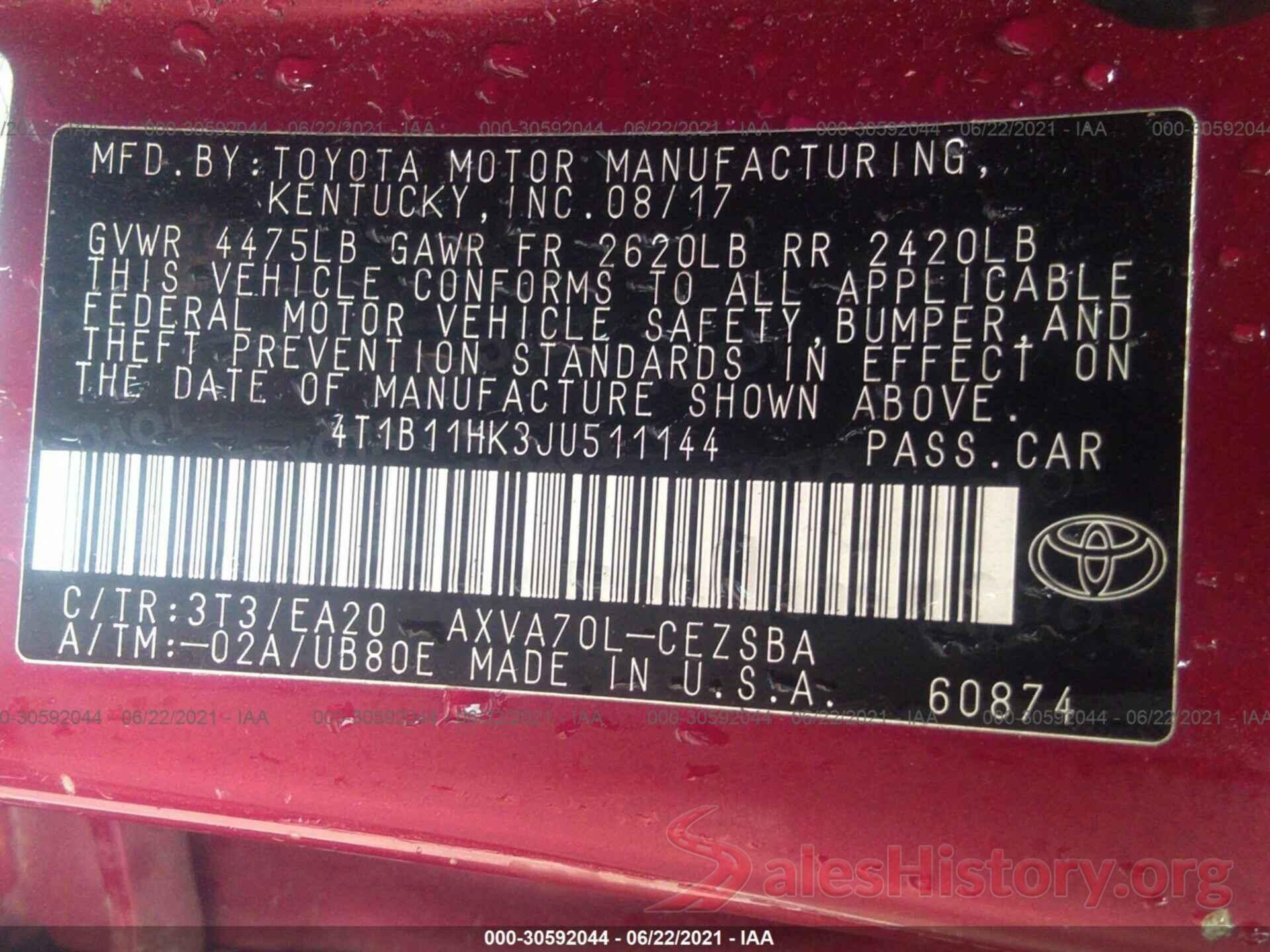 4T1B11HK3JU511144 2018 TOYOTA CAMRY