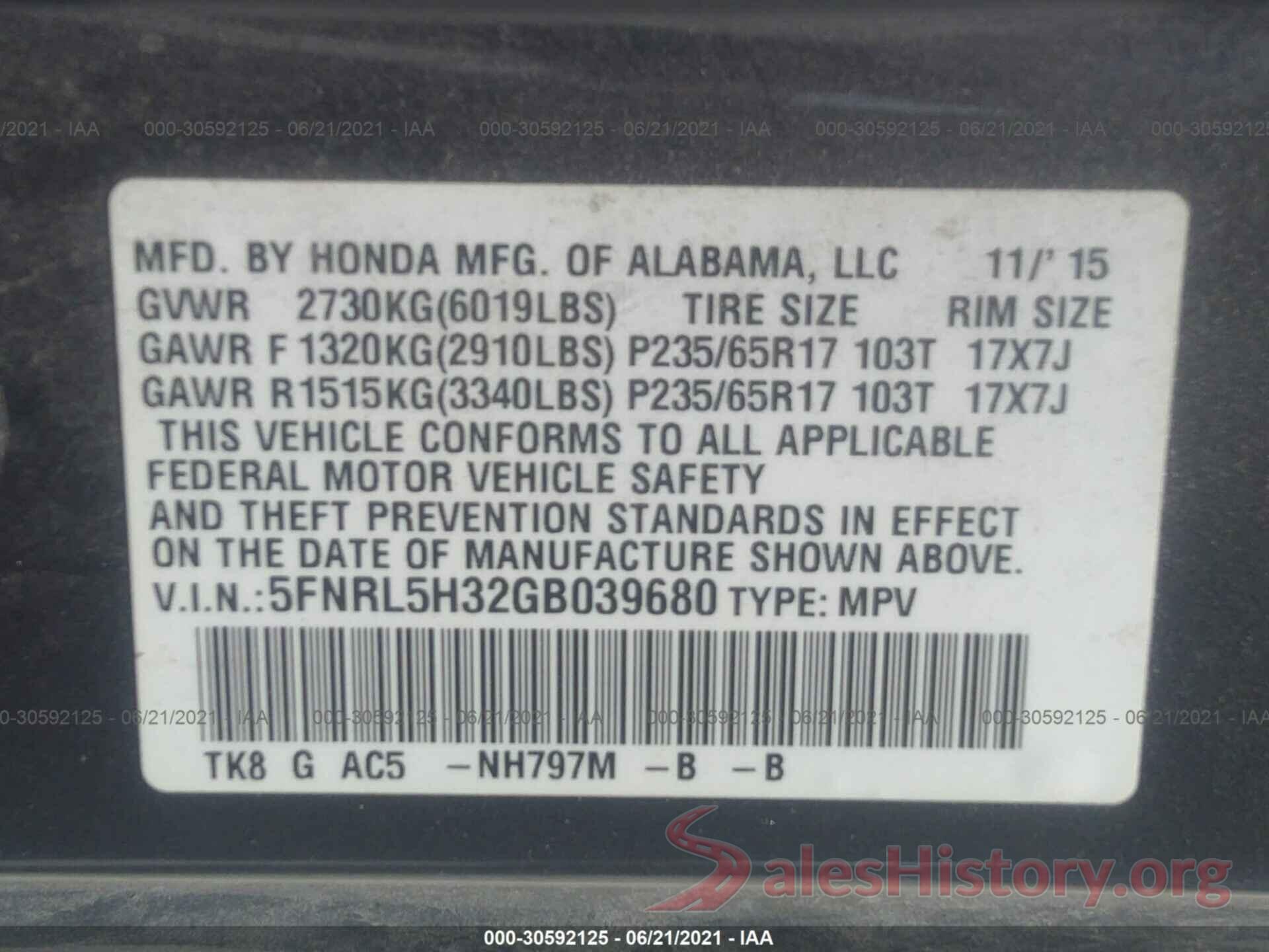 5FNRL5H32GB039680 2016 HONDA ODYSSEY