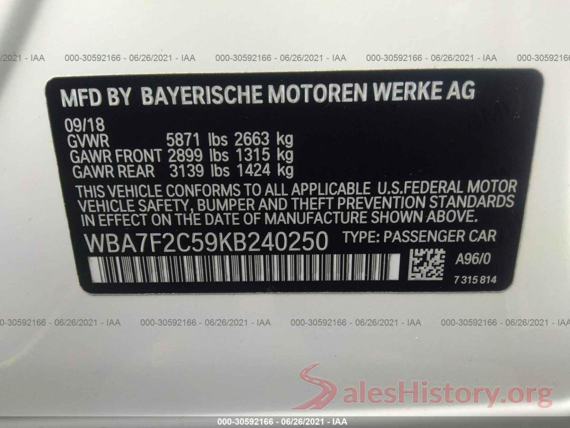 WBA7F2C59KB240250 2019 BMW 7 SERIES