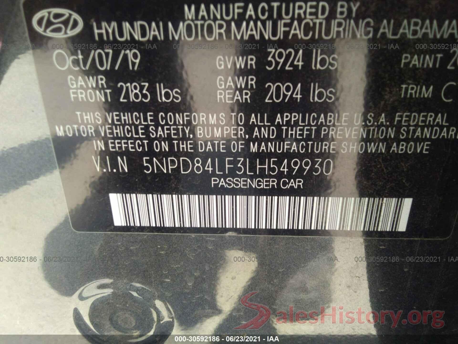 5NPD84LF3LH549930 2020 HYUNDAI ELANTRA