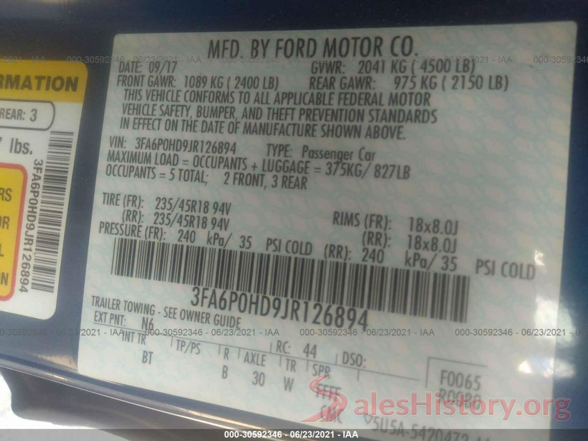 3FA6P0HD9JR126894 2018 FORD FUSION