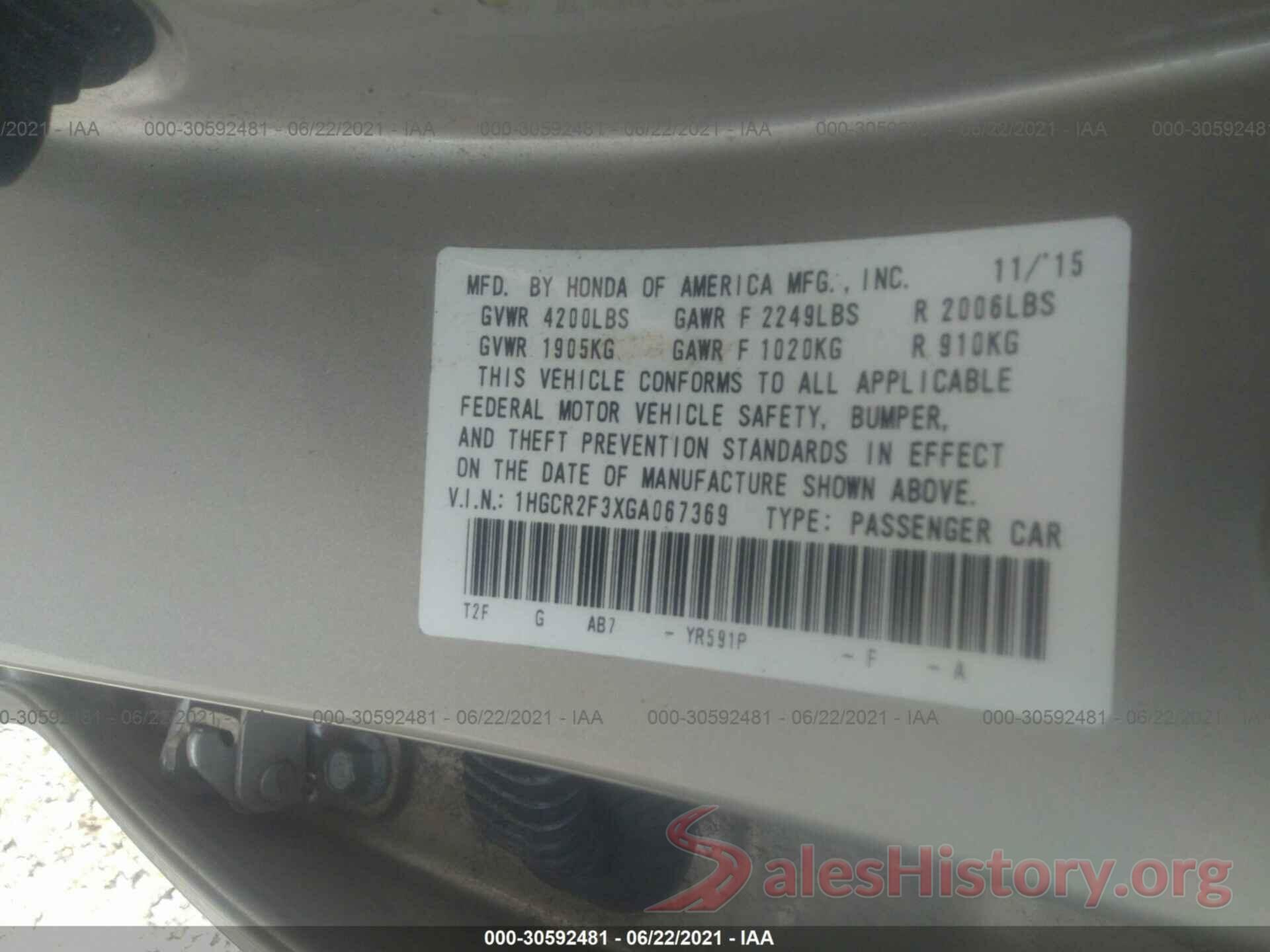 1HGCR2F3XGA067369 2016 HONDA ACCORD SEDAN