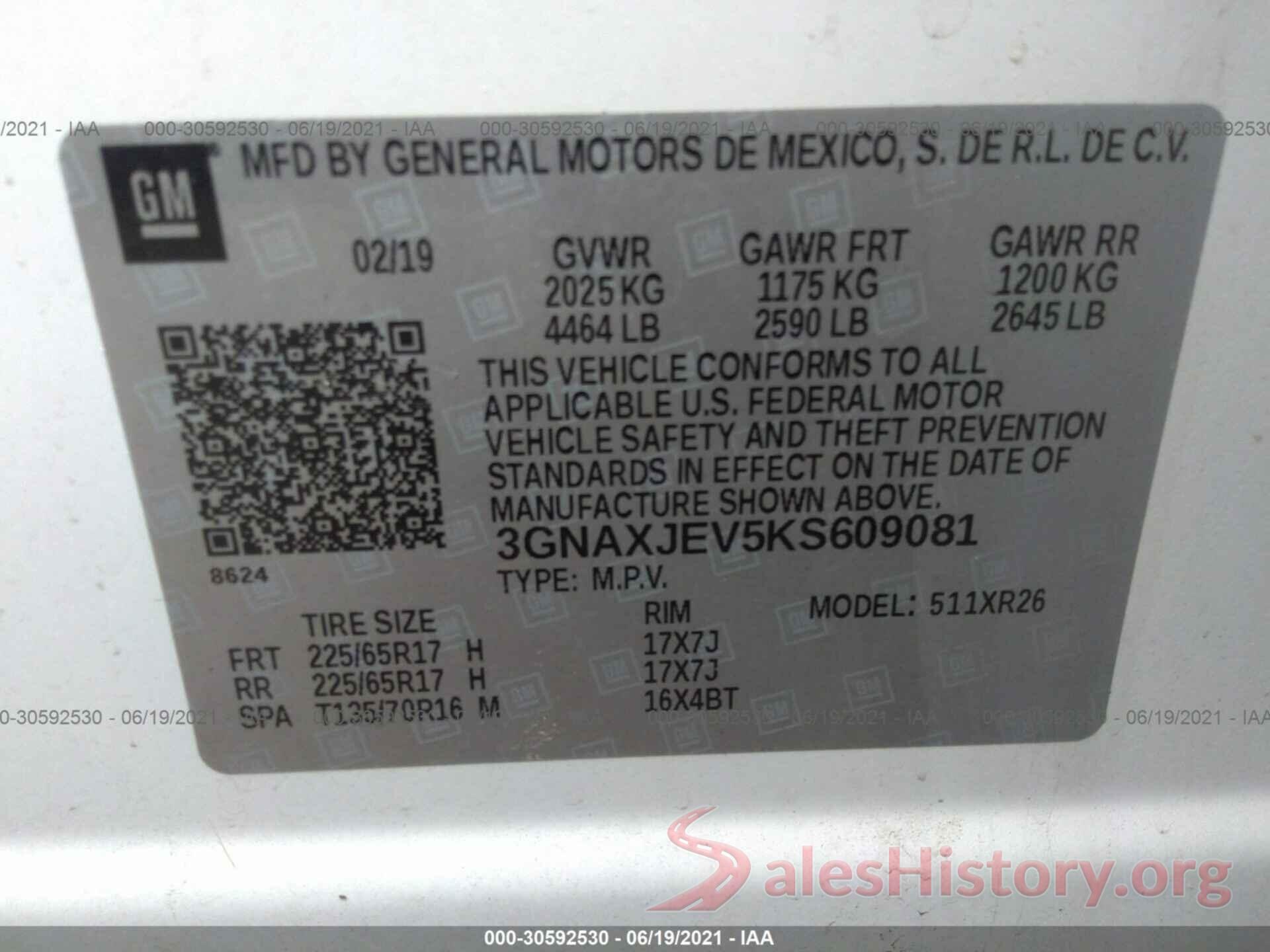 3GNAXJEV5KS609081 2019 CHEVROLET EQUINOX