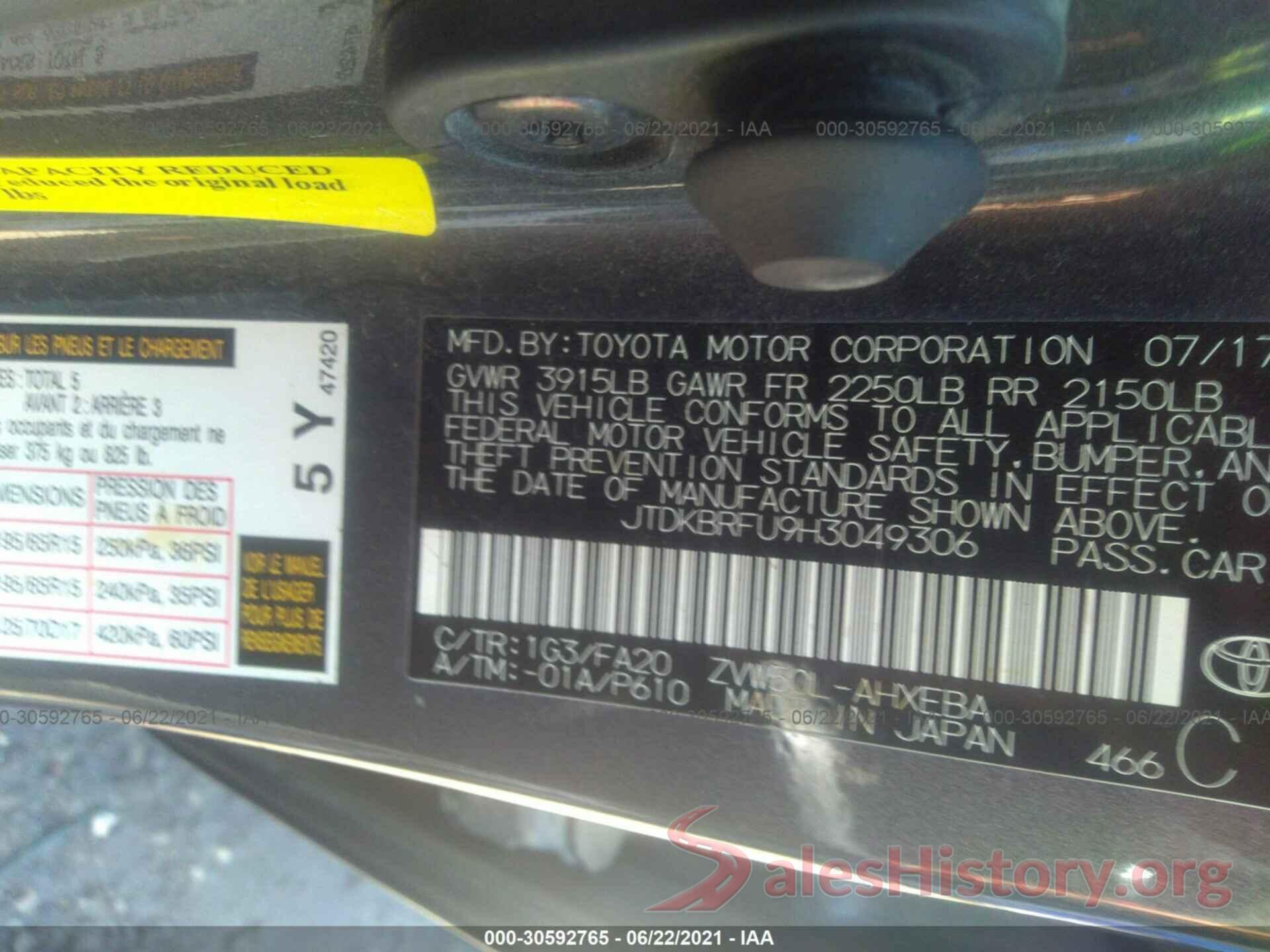 JTDKBRFU9H3049306 2017 TOYOTA PRIUS