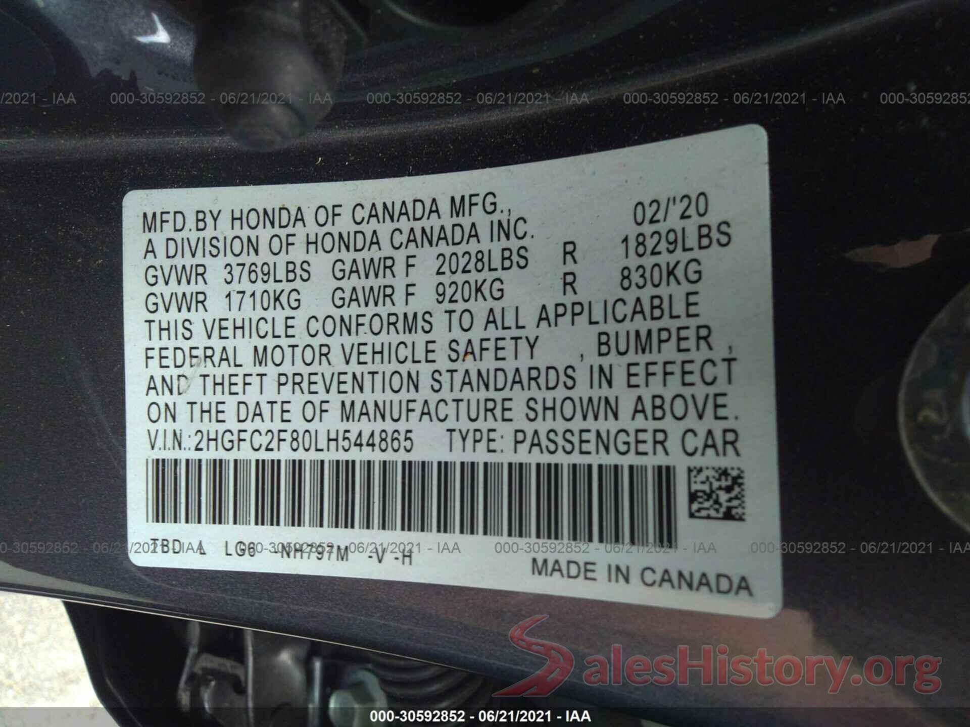 2HGFC2F80LH544865 2020 HONDA CIVIC SEDAN