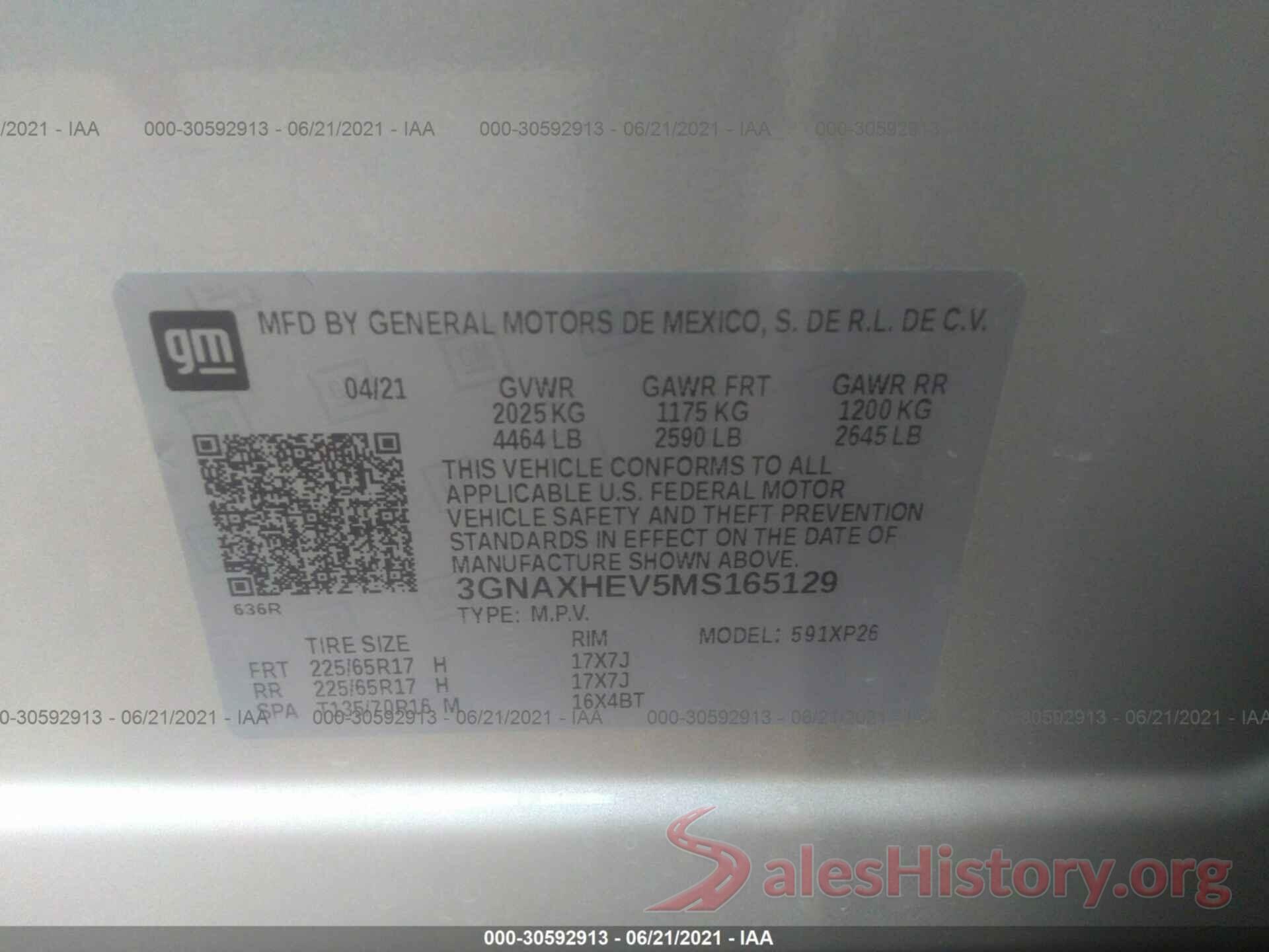 3GNAXHEV5MS165129 2021 CHEVROLET EQUINOX