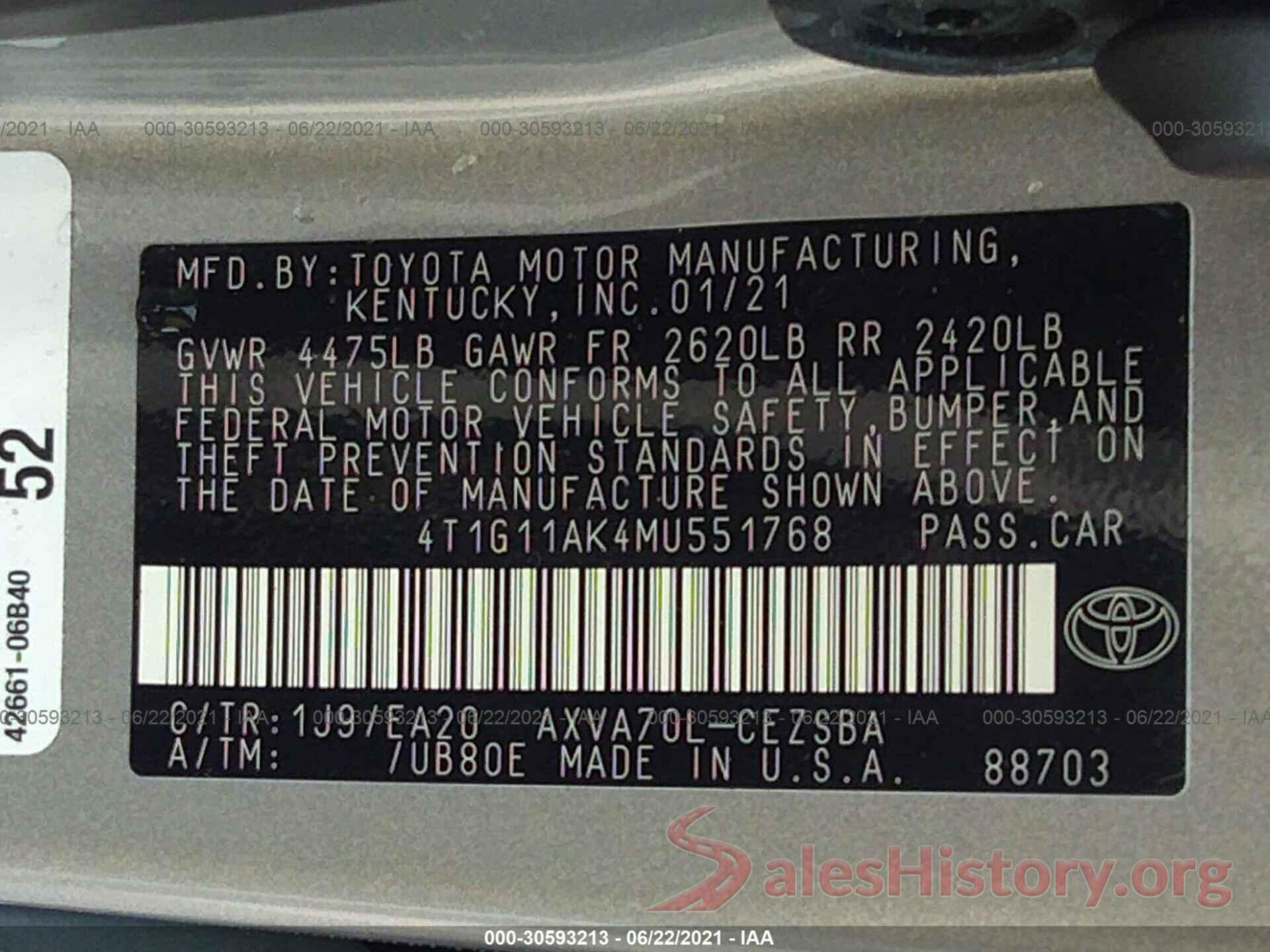 4T1G11AK4MU551768 2021 TOYOTA CAMRY