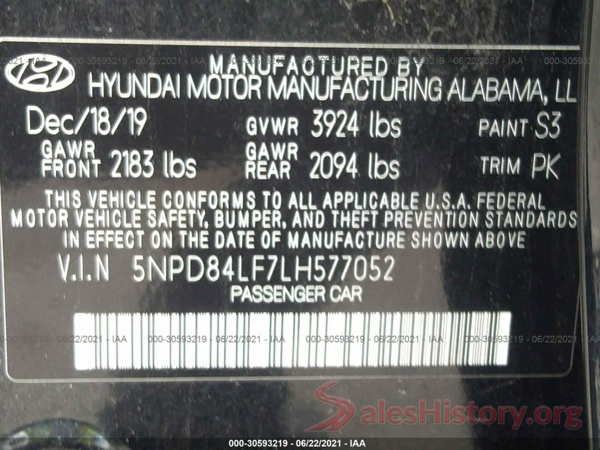 5NPD84LF7LH577052 2020 HYUNDAI ELANTRA