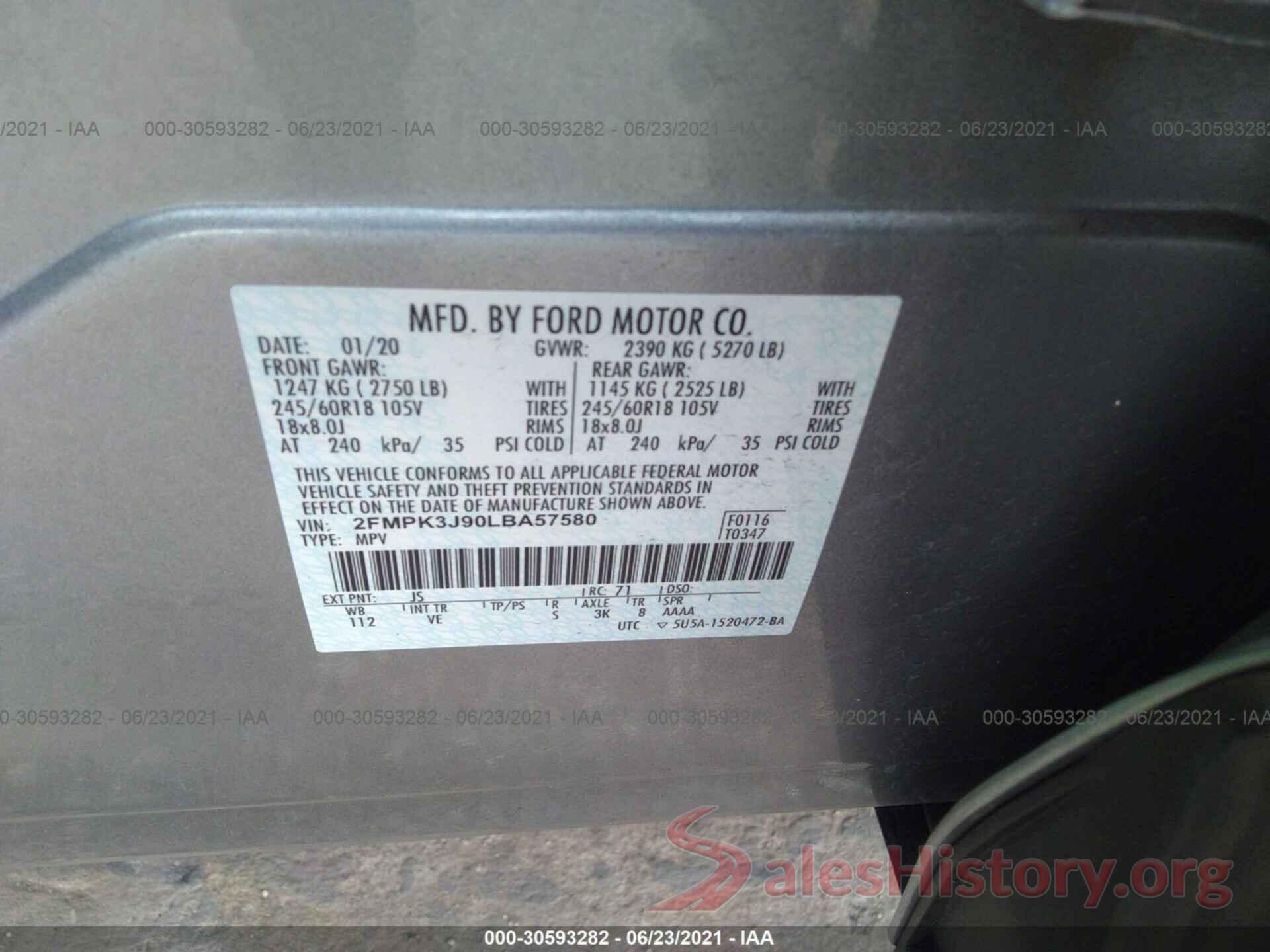 2FMPK3J90LBA57580 2020 FORD EDGE