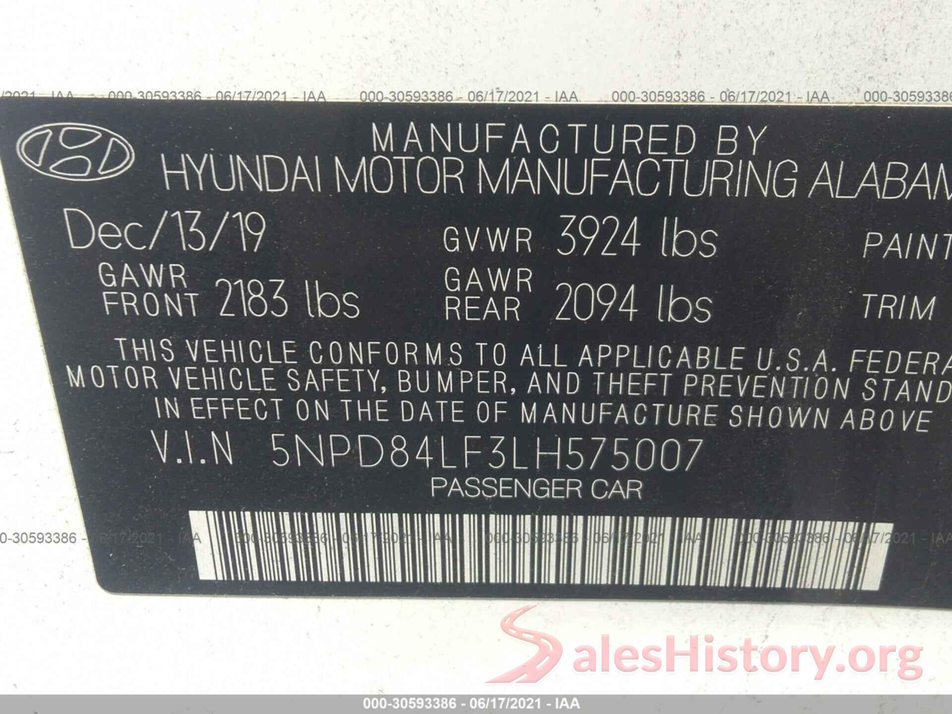 5NPD84LF3LH575007 2020 HYUNDAI ELANTRA