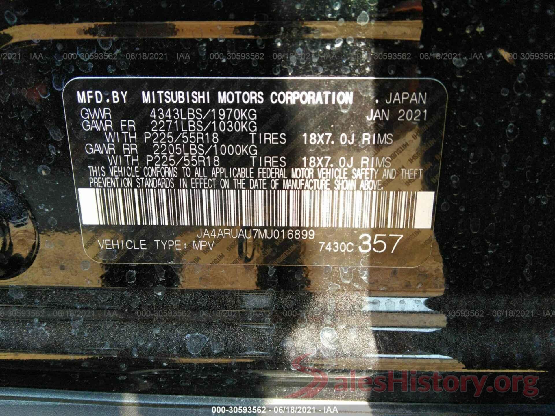 JA4ARUAU7MU016899 2021 MITSUBISHI OUTLANDER SPORT