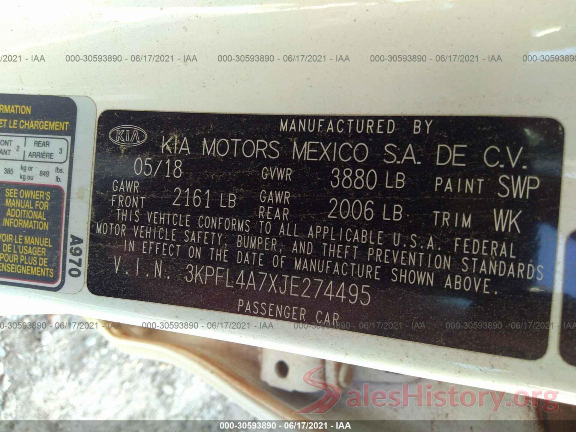 3KPFL4A7XJE274495 2018 KIA FORTE