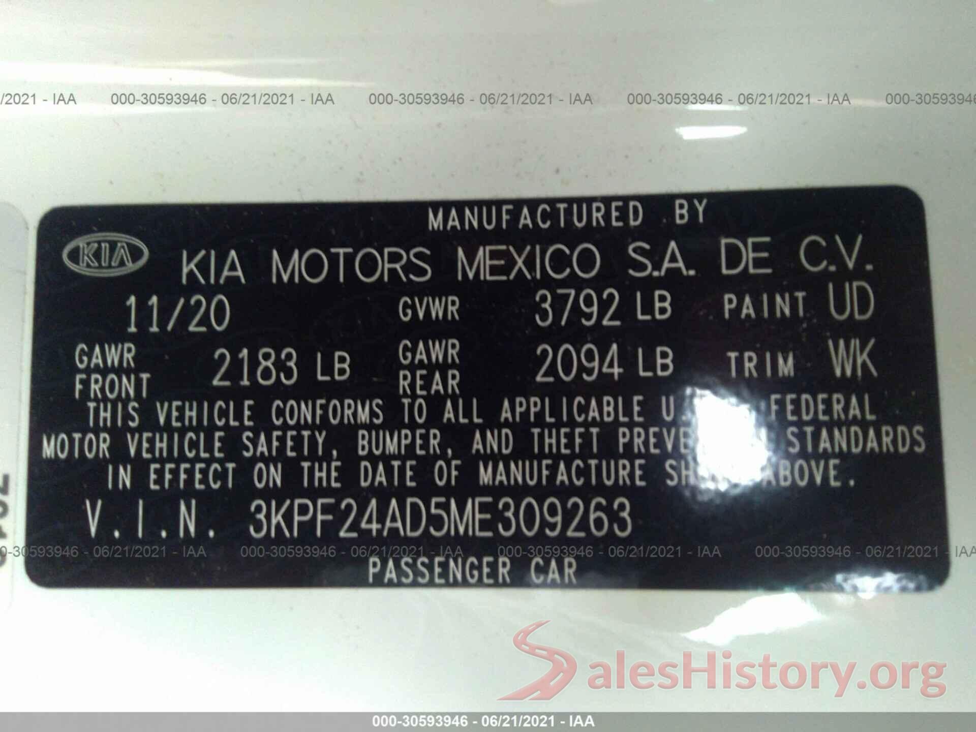 3KPF24AD5ME309263 2021 KIA FORTE