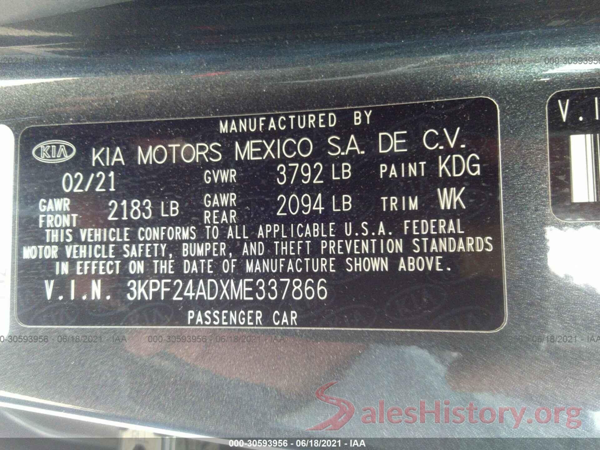 3KPF24ADXME337866 2021 KIA FORTE