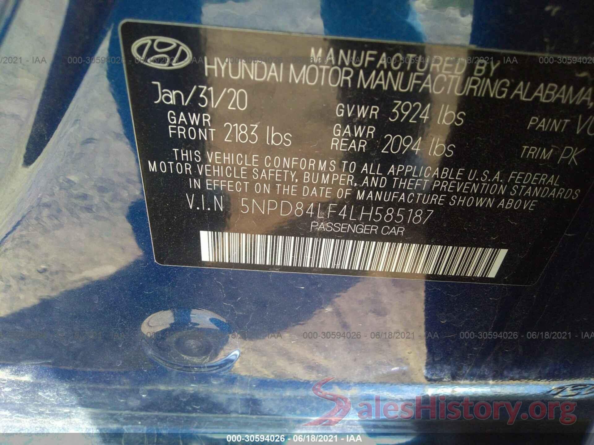 5NPD84LF4LH585187 2020 HYUNDAI ELANTRA