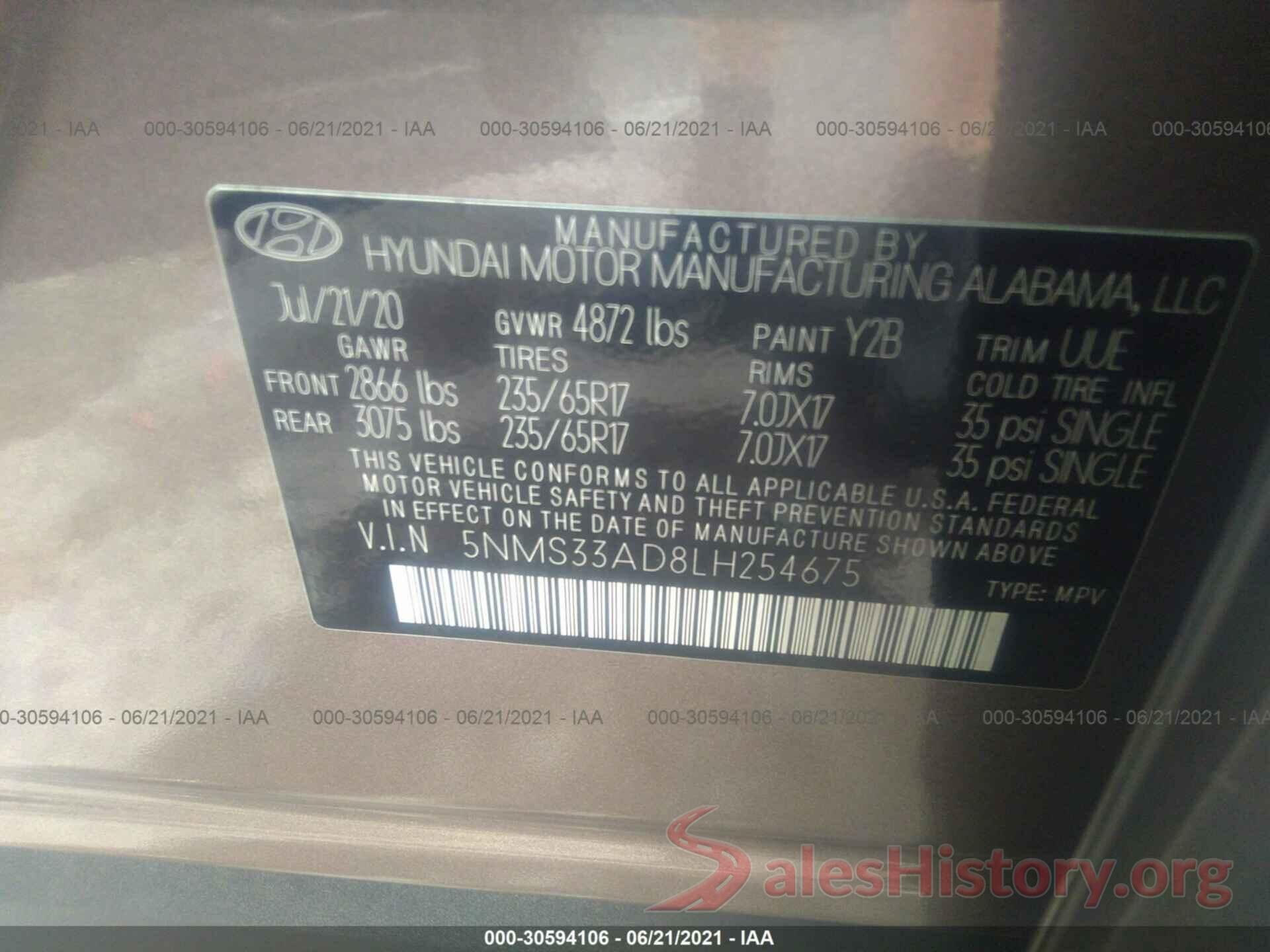 5NMS33AD8LH254675 2020 HYUNDAI SANTA FE